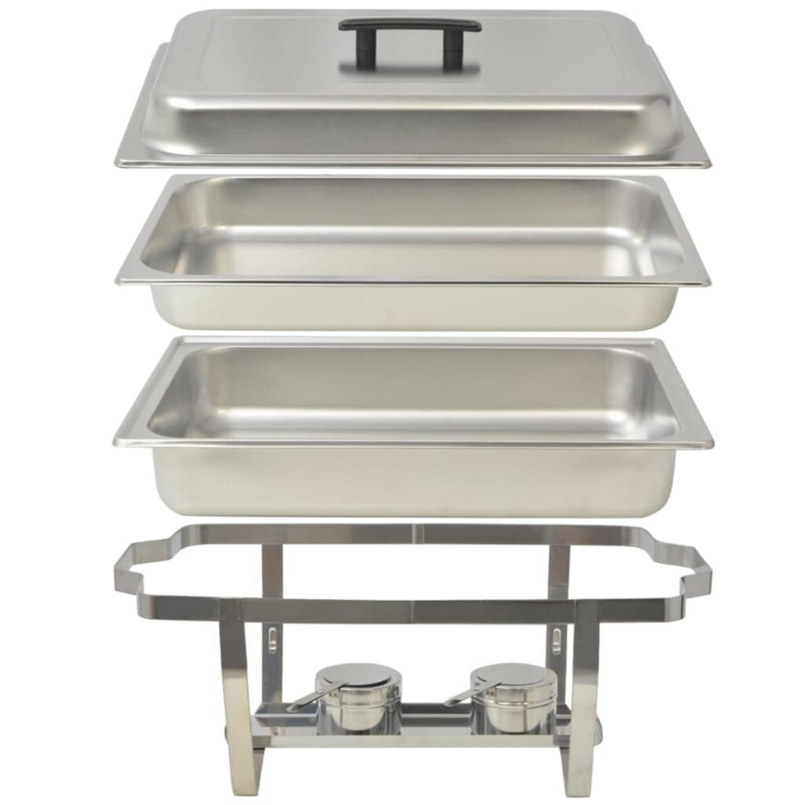 Edelstahl-Chafing-Dish, mit übereinander gestapelten Komponenten: Deckel, zwei Speisepfannen und ein Ständer.
