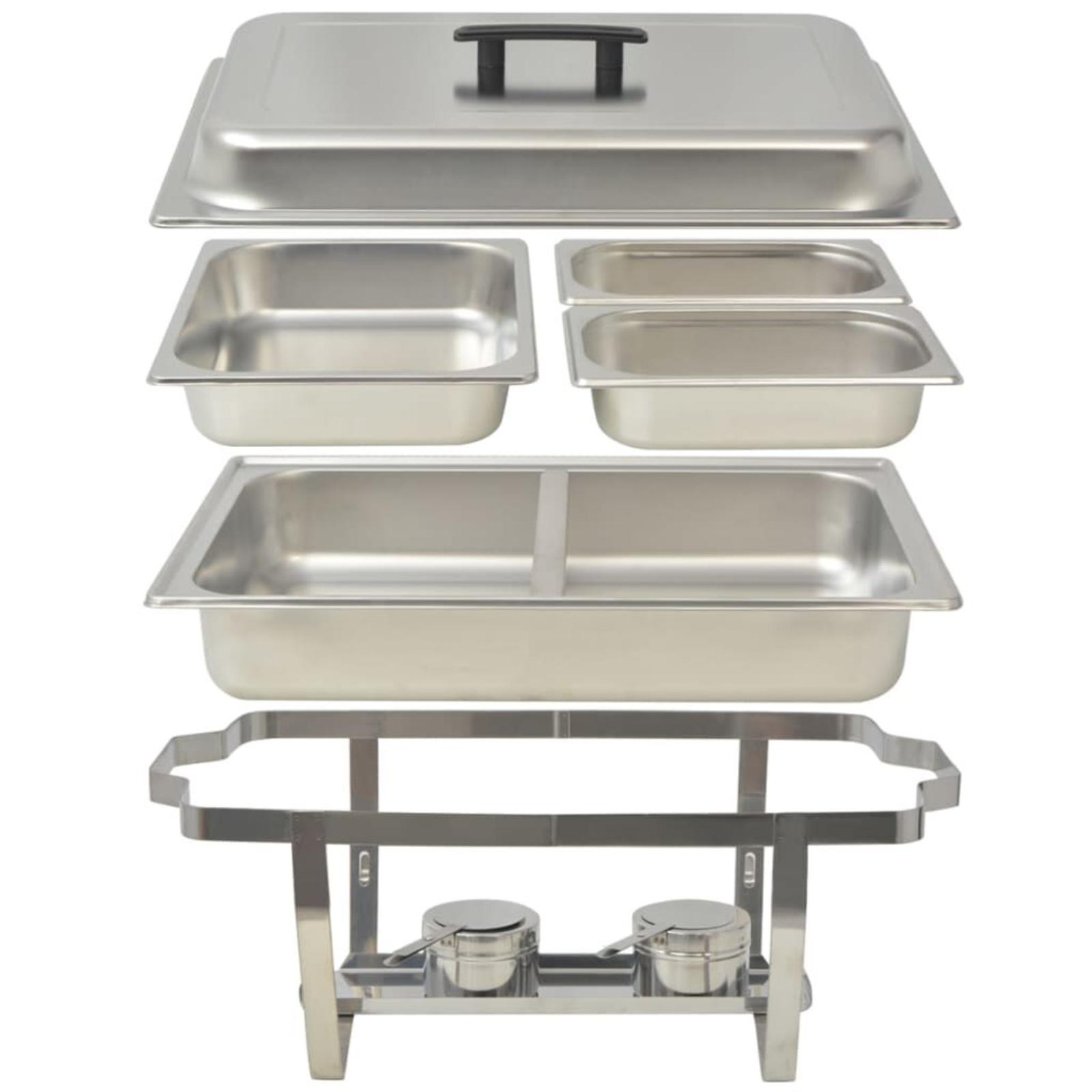Explosionszeichnung eines Chafing-Dish, alle Komponenten: Deckel, Pfannen, Gestell und Brennstoffhalter.