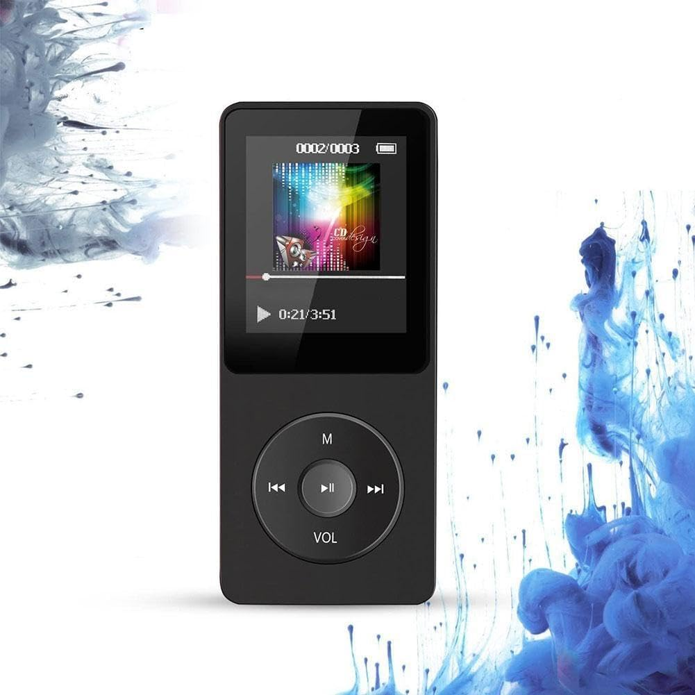 Schwarzer MP3-Player mit Bildschirm, der eine Musikoberfläche anzeigt. Kreisförmige Steuertasten unten.