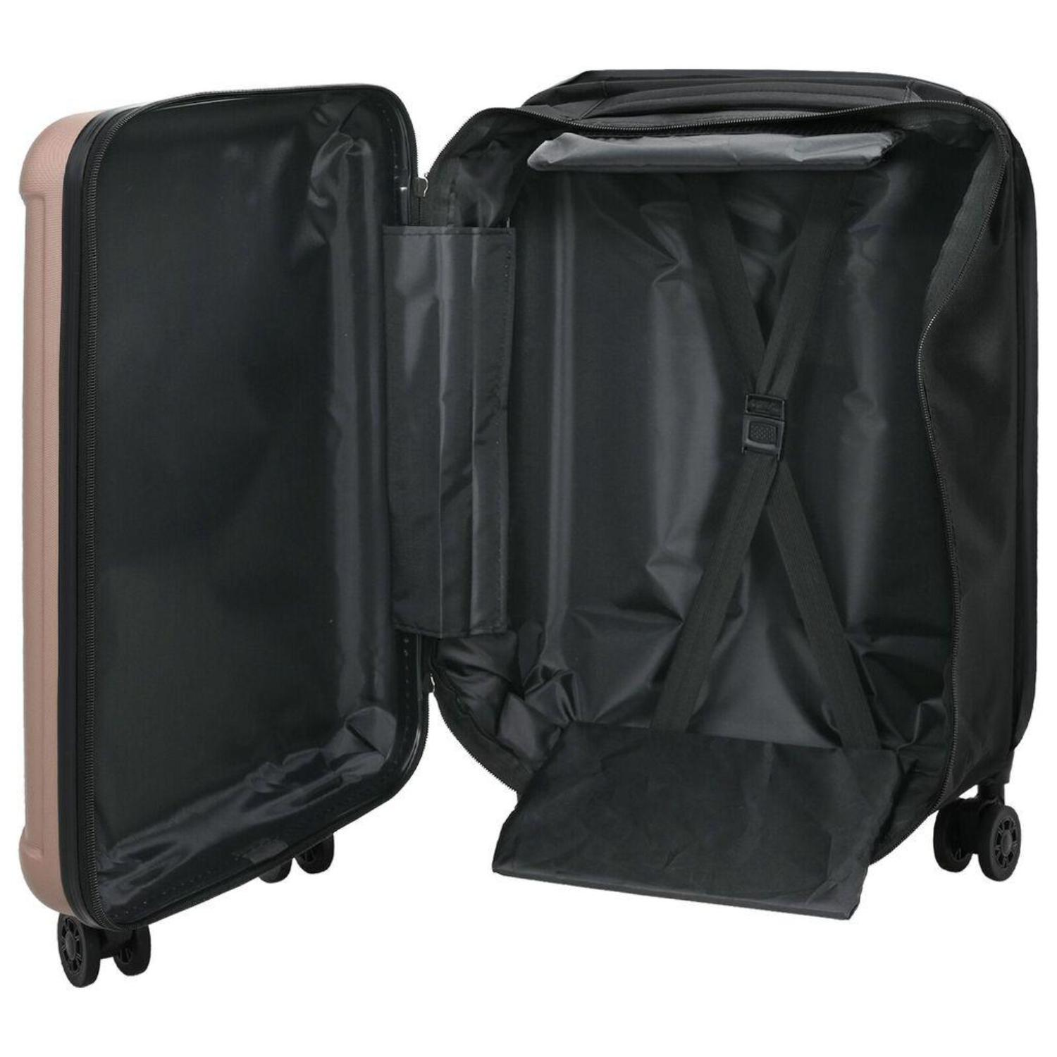 Die Innenseite eines Koffers, offen, mit schwarzem Innenraum, Riemen und Taschen, zeigt den Packraum.
