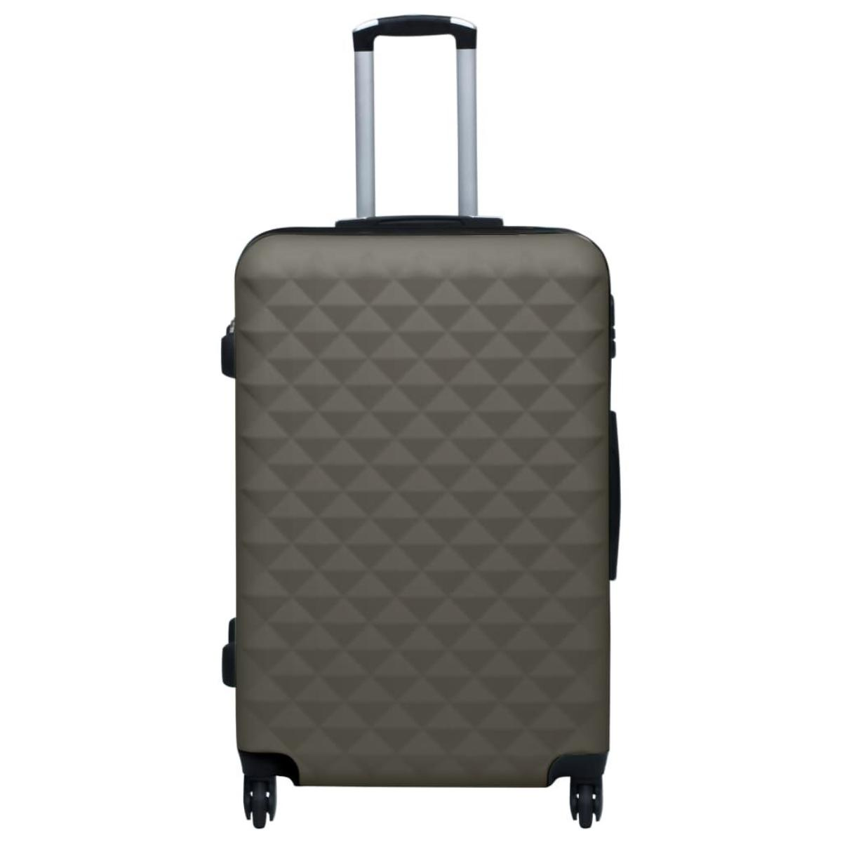 Khaki-farbener Koffer mit geometrischem Muster. Griff ausgezogen, Räder sichtbar.
