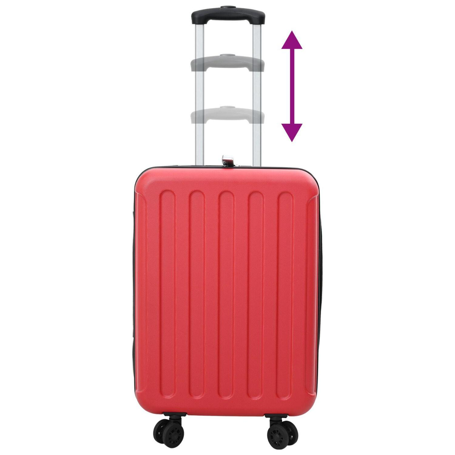 Ein roter Koffer mit ausziehbarem Griff, vertikalen Linien und Rädern, mit Pfeil für Höhenverstellung.