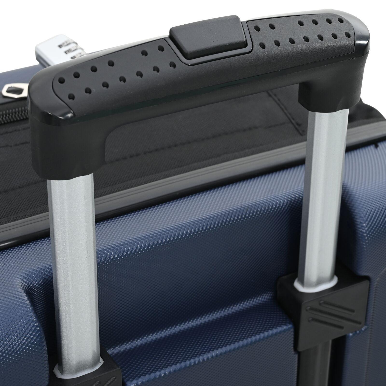 Nahaufnahme: Silberner Griff und blauer Koffer. Schwarzer Griff mit Perforationen. Silberne Stangen.