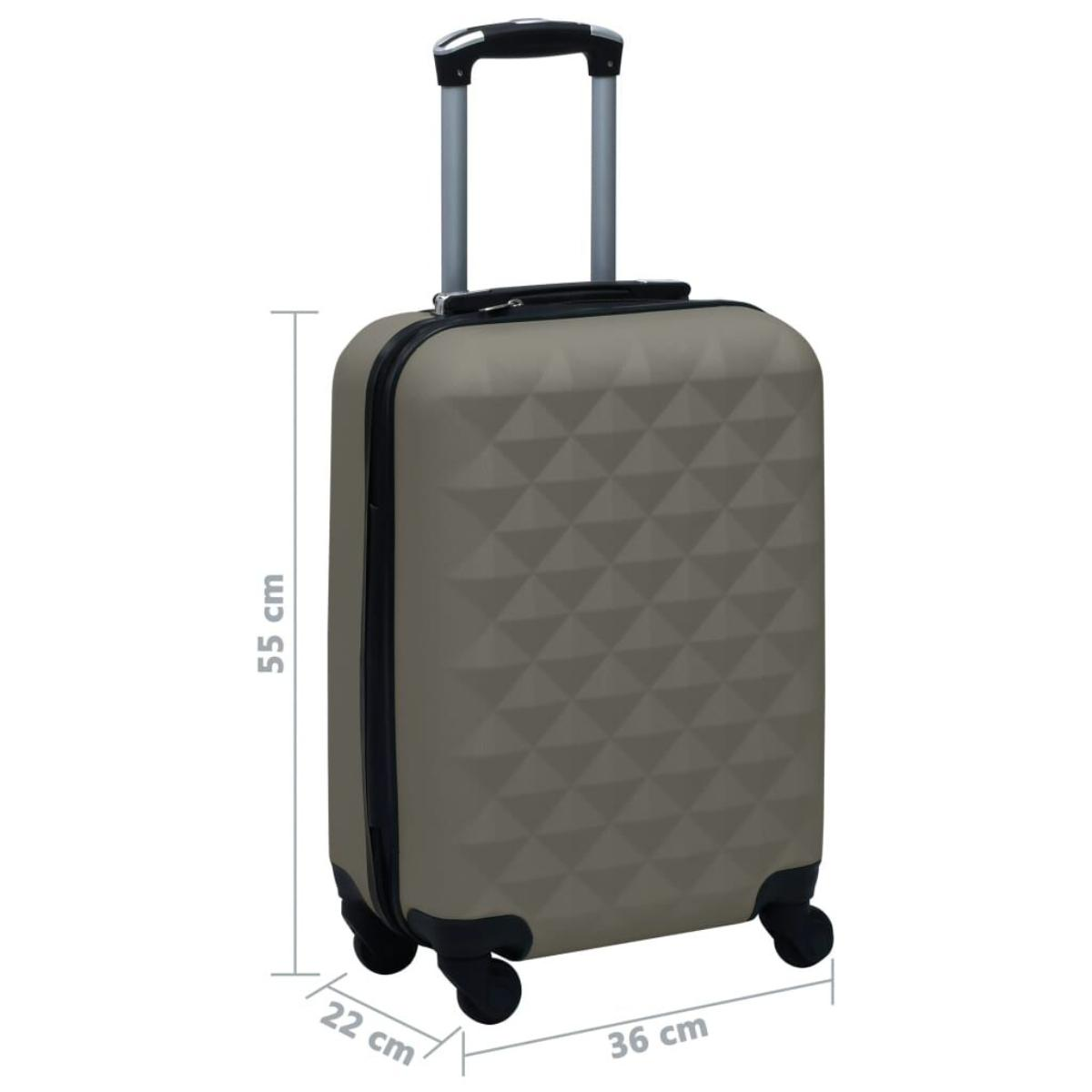 Ein khaki-farbener Koffer steht aufrecht. Abmessungen (55cm x 22cm x 36cm) sind beschriftet.