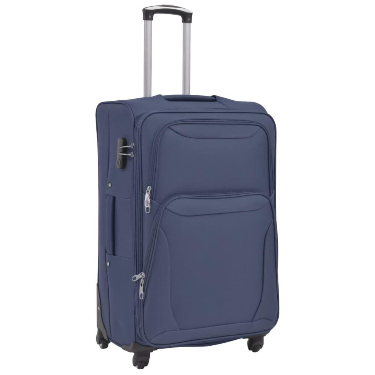 Ein blauer Koffer mit Vordertasche, Griff, Reißverschluss und Schloss an der Seite.