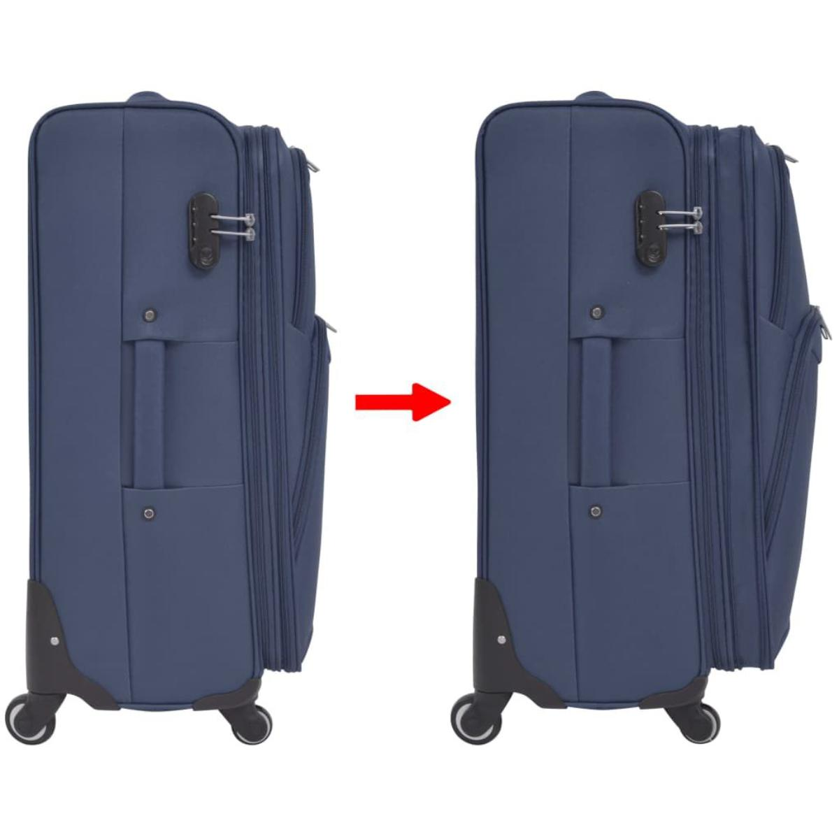 Zwei nebeneinanderliegende Ansichten eines blauen Koffers. Der Pfeil zeigt die Ausdehnung.