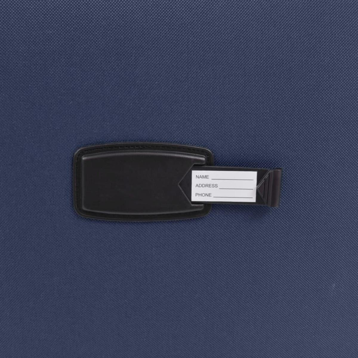 Nahaufnahme eines blauen Kofferanhängers mit schwarzem Halter und weißen Linien.