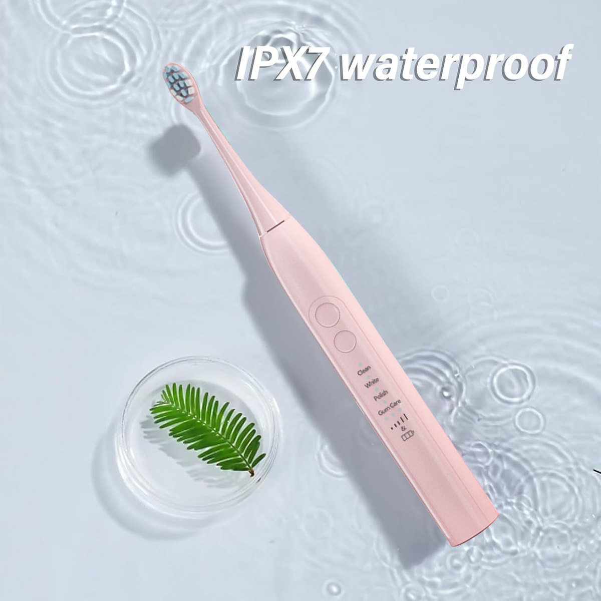 Rosa elektrische Zahnbürste im Wasser. Ein IPX7 wasserdichtes Etikett wird gezeigt.
