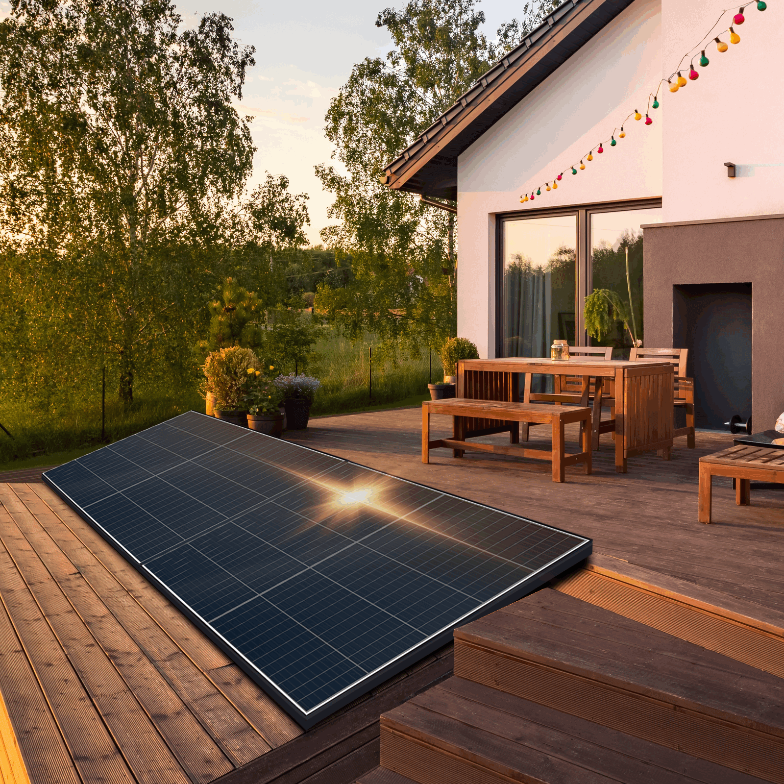 Solarpanel auf Holzterrasse. Haus im Hintergrund, Sonne scheint. Bäume und Himmel sichtbar.
