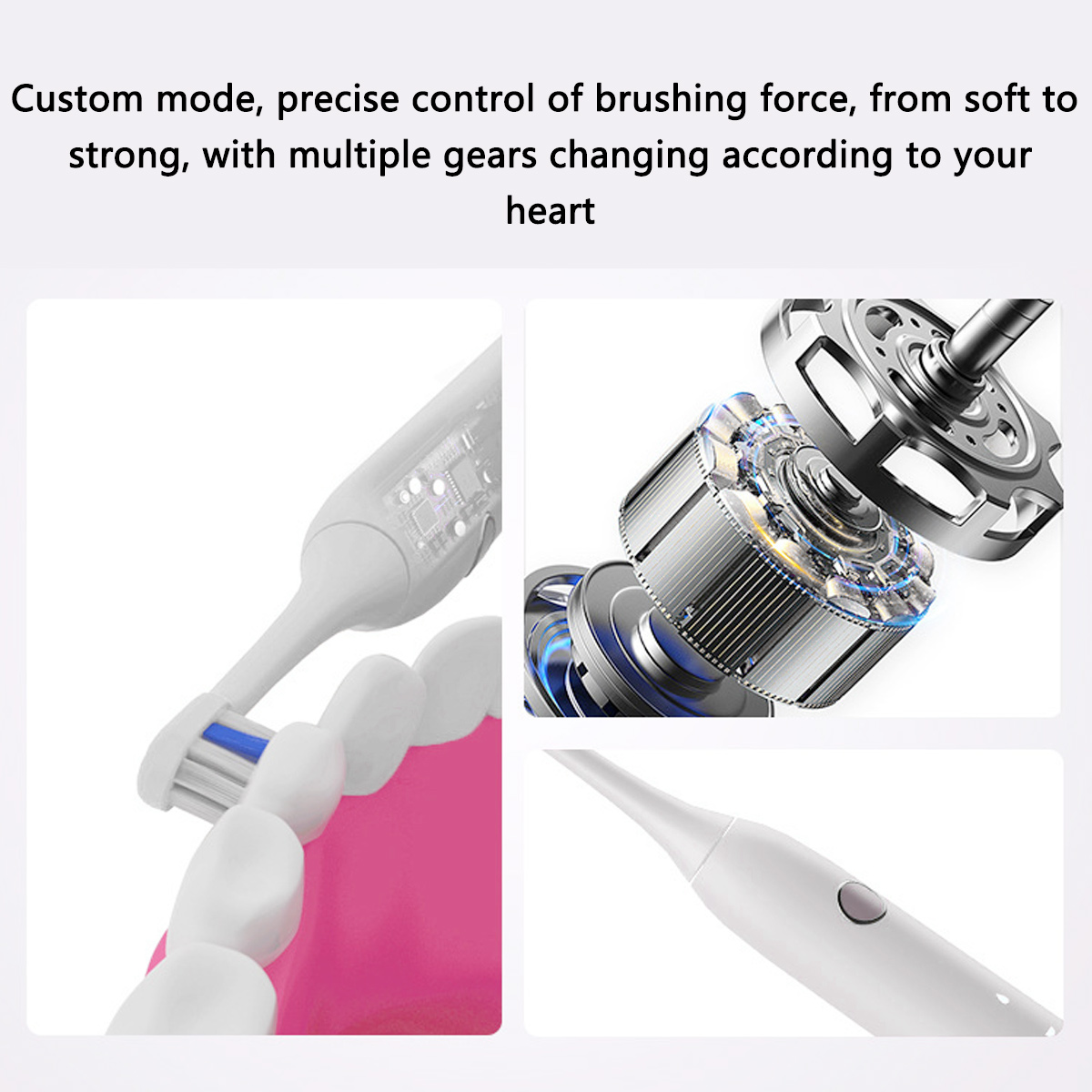 Bilder, die eine elektrische Zahnbürste und ihren inneren Mechanismus zeigen, einschließlich Zähne und ein rosa Zahnfleischmodell.