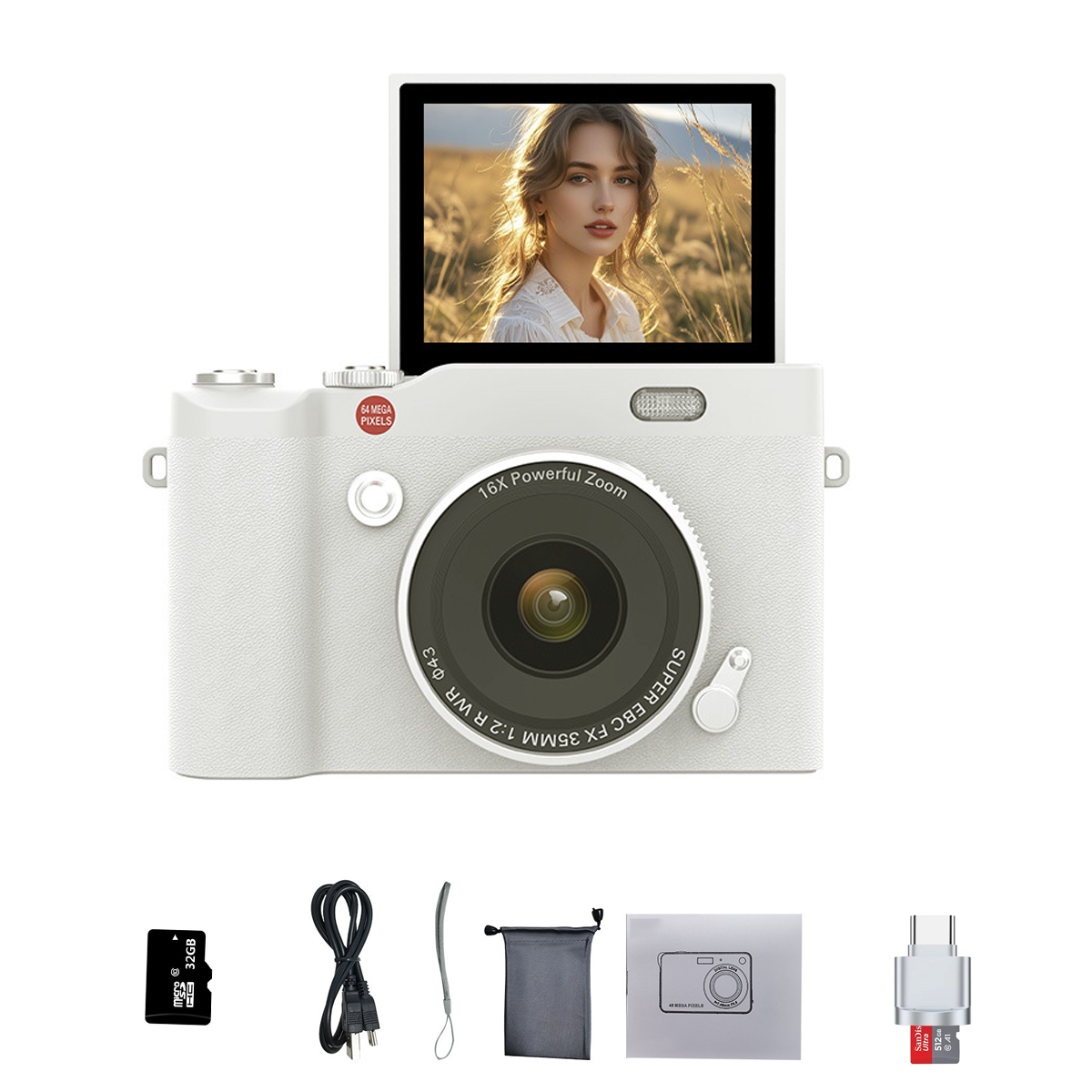 Fotocamera bianca con schermo, accessori. Include scheda SD, cavo, borsa, panno pulizia e caricabatterie.