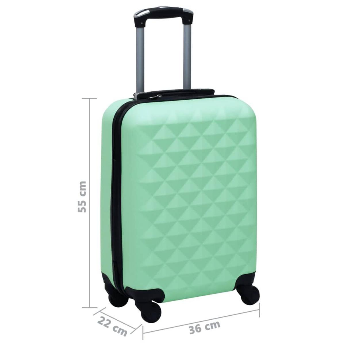 Minzgrüner Koffer mit schwarzem Besatz. Abmessungen: 55 cm hoch, 36 cm breit, 22 cm tief.