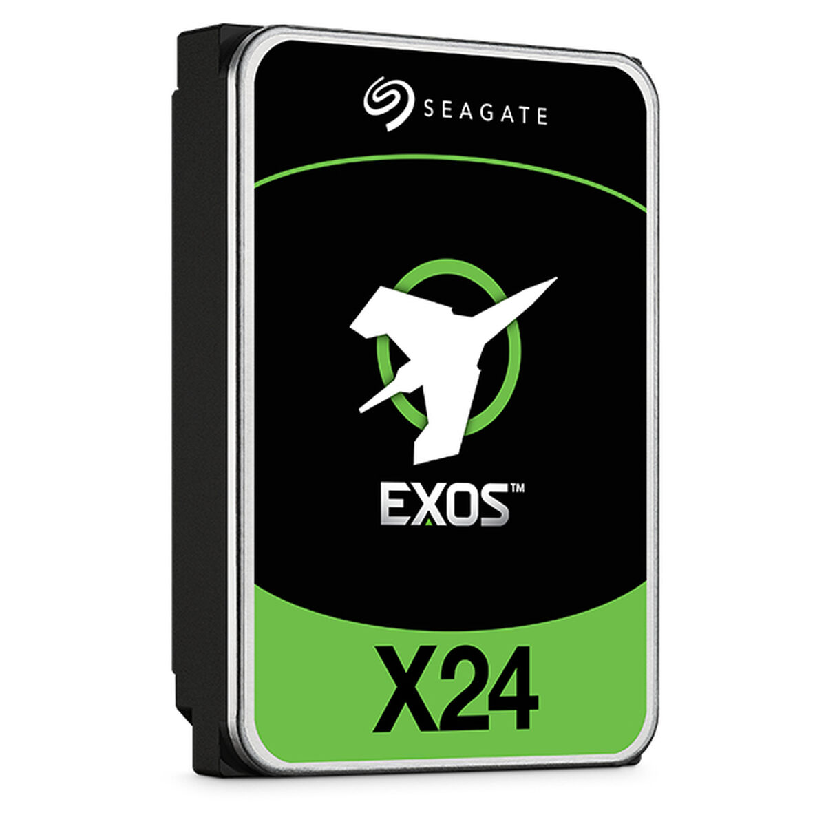 Czarny i zielony dysk twardy Seagate EXOS X24. Przód ma logo i biały tekst EXOS X24.