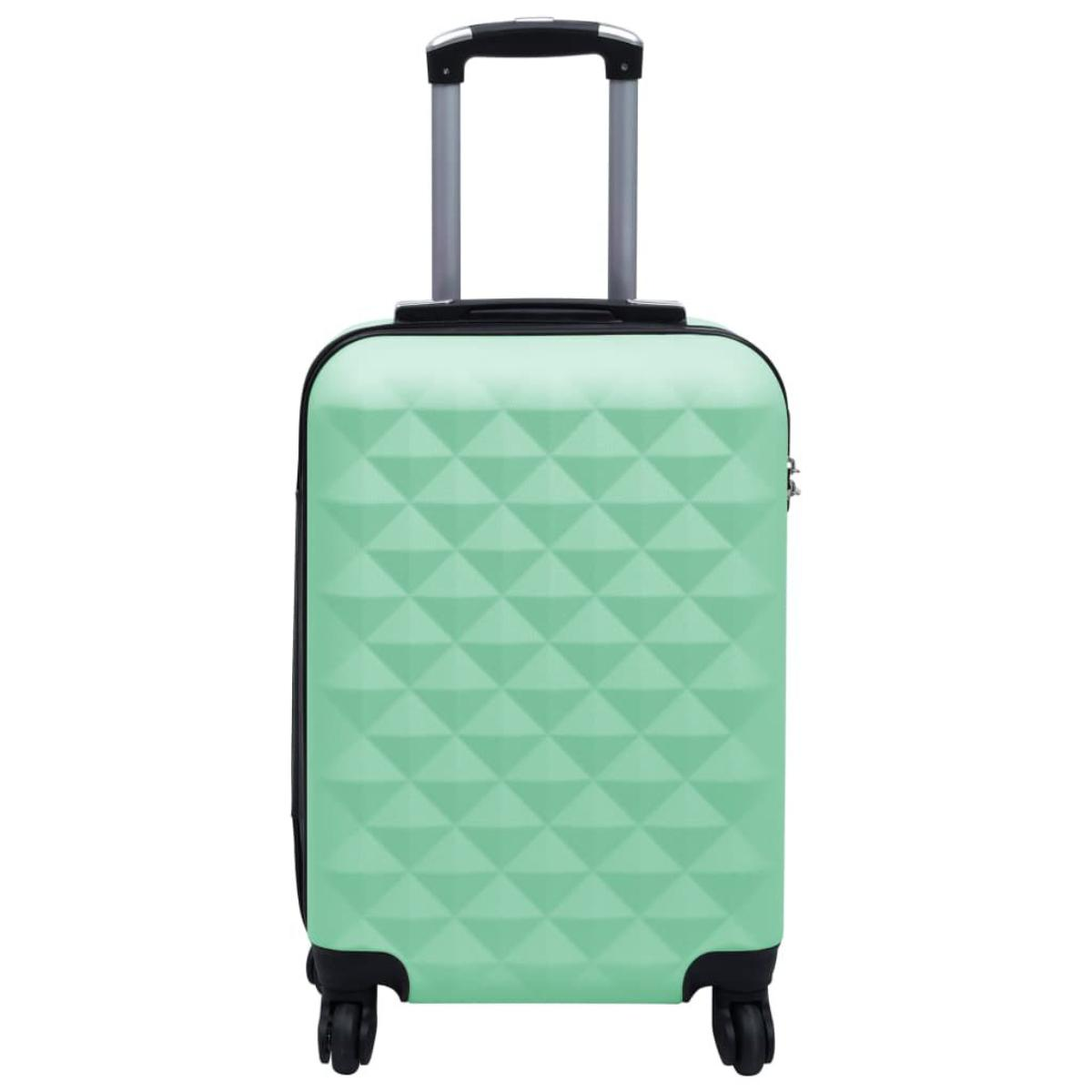 Minzgrüner Koffer mit geometrischem Muster, Griff und Rädern.