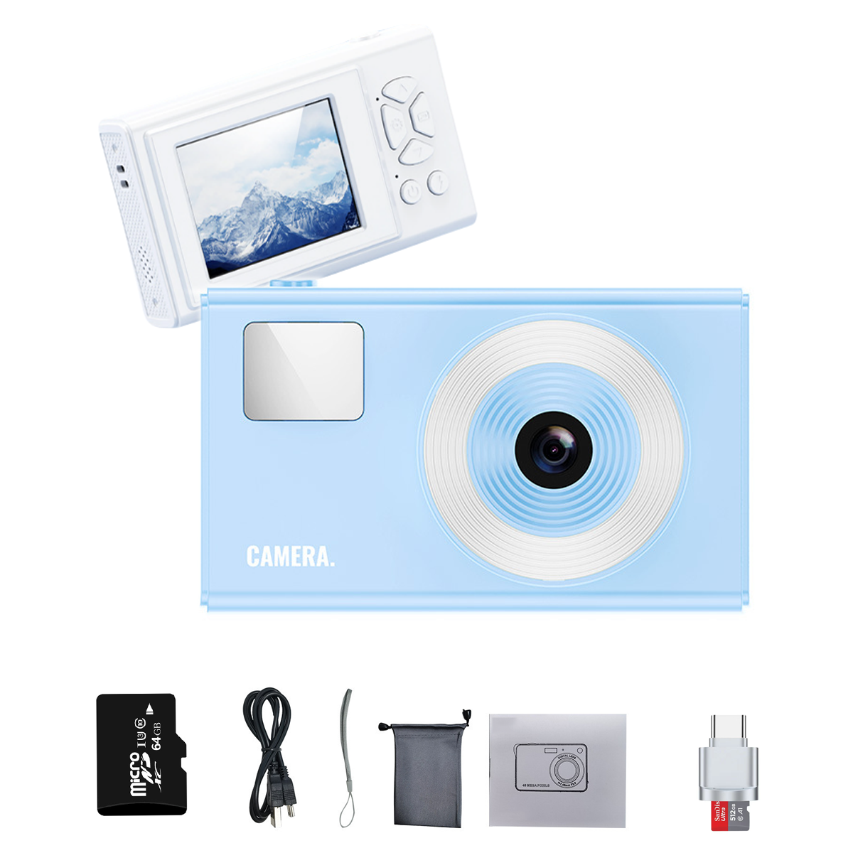 Una fotocamera blu con accessori. La fotocamera ha schermo e pulsanti. Accessori includono scheda, cavo e custodia.