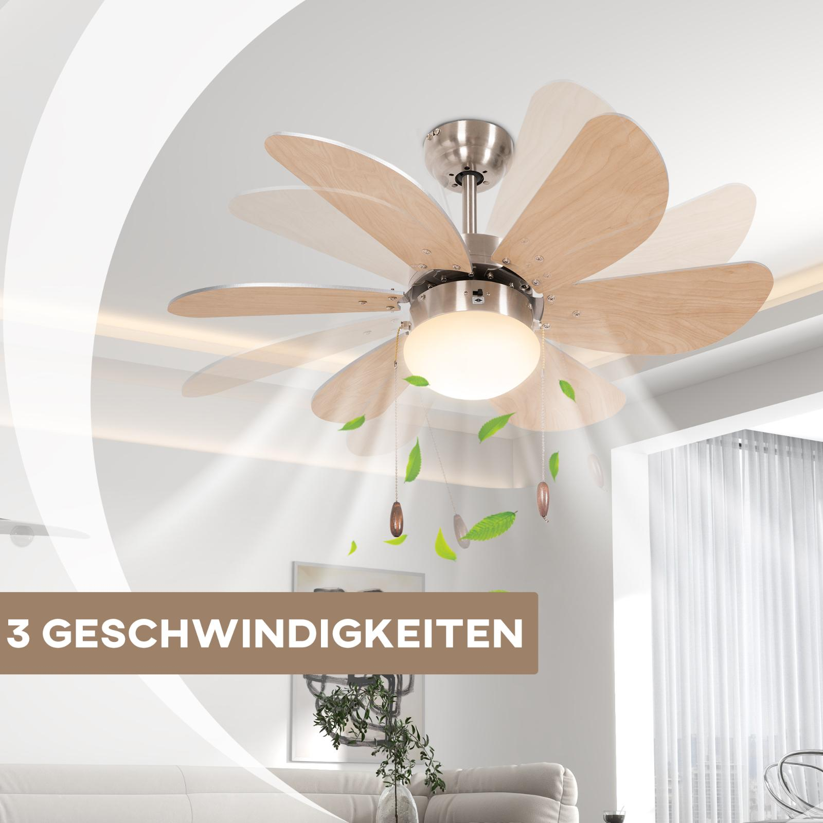 Ein Deckenventilator mit Holzblättern. Der Ventilator hat ein Licht und wird mit Windeffekten und grünen Blättern gezeigt.