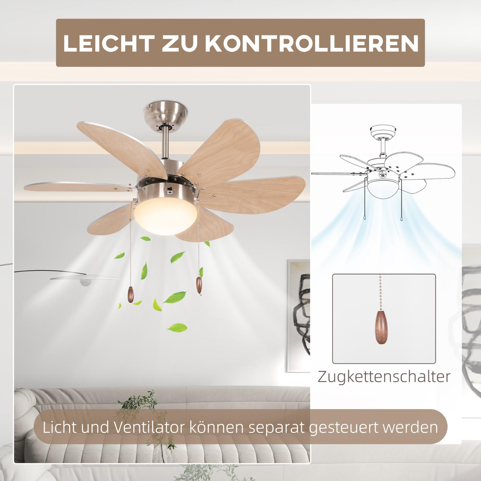 Ein Deckenventilator mit Holzblättern und Licht. Text besagt, dass Licht und Ventilator separat gesteuert werden können.