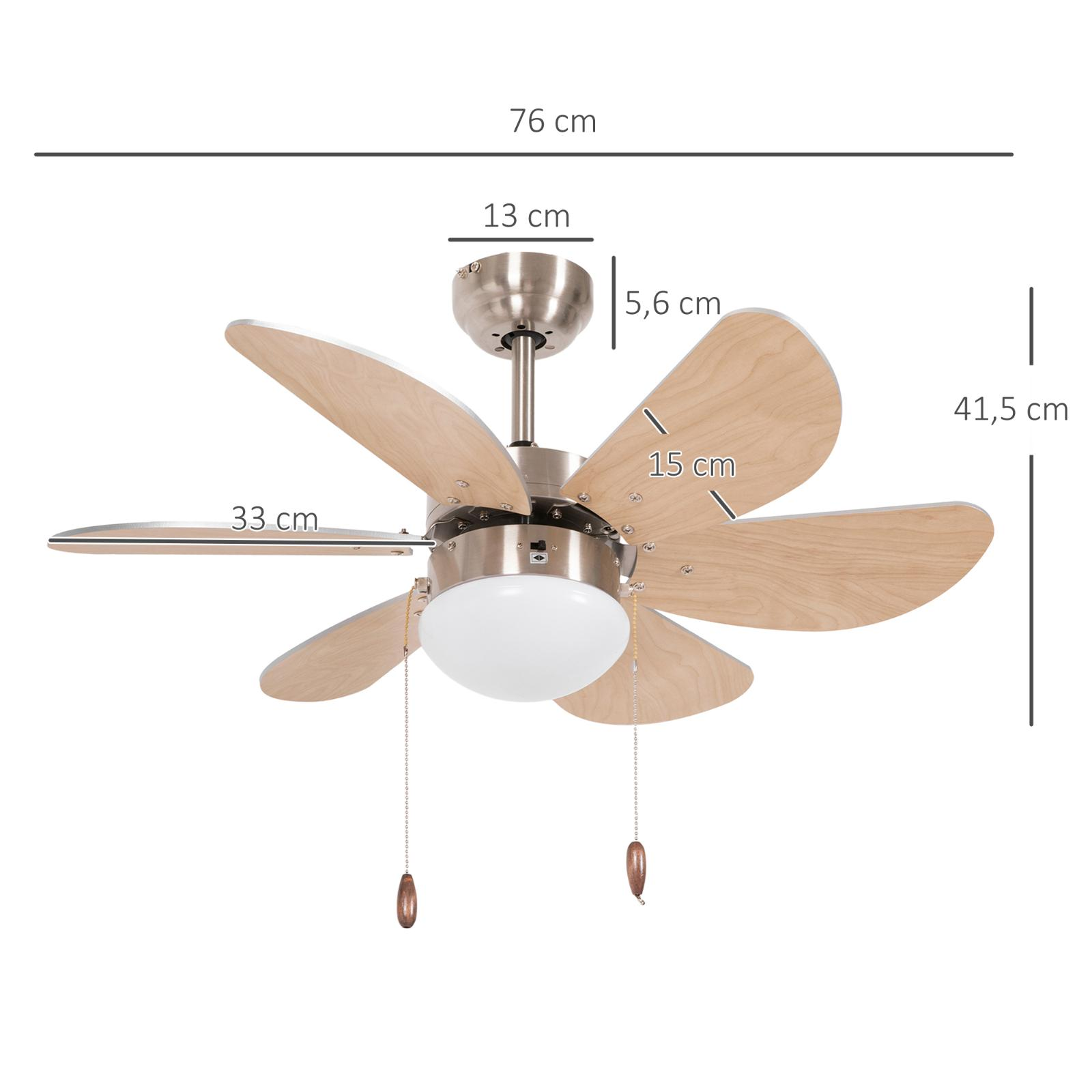 Deckenventilator mit Holzflügeln. Abmessungen: 76 cm breit, 41,5 cm hoch. Teile sind mit Größe beschriftet.