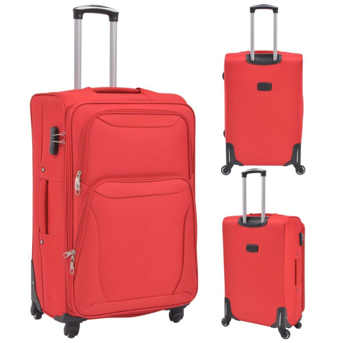 Roter Koffer mit silbernem Griff und schwarzen Rädern. Mehrere Ansichten.