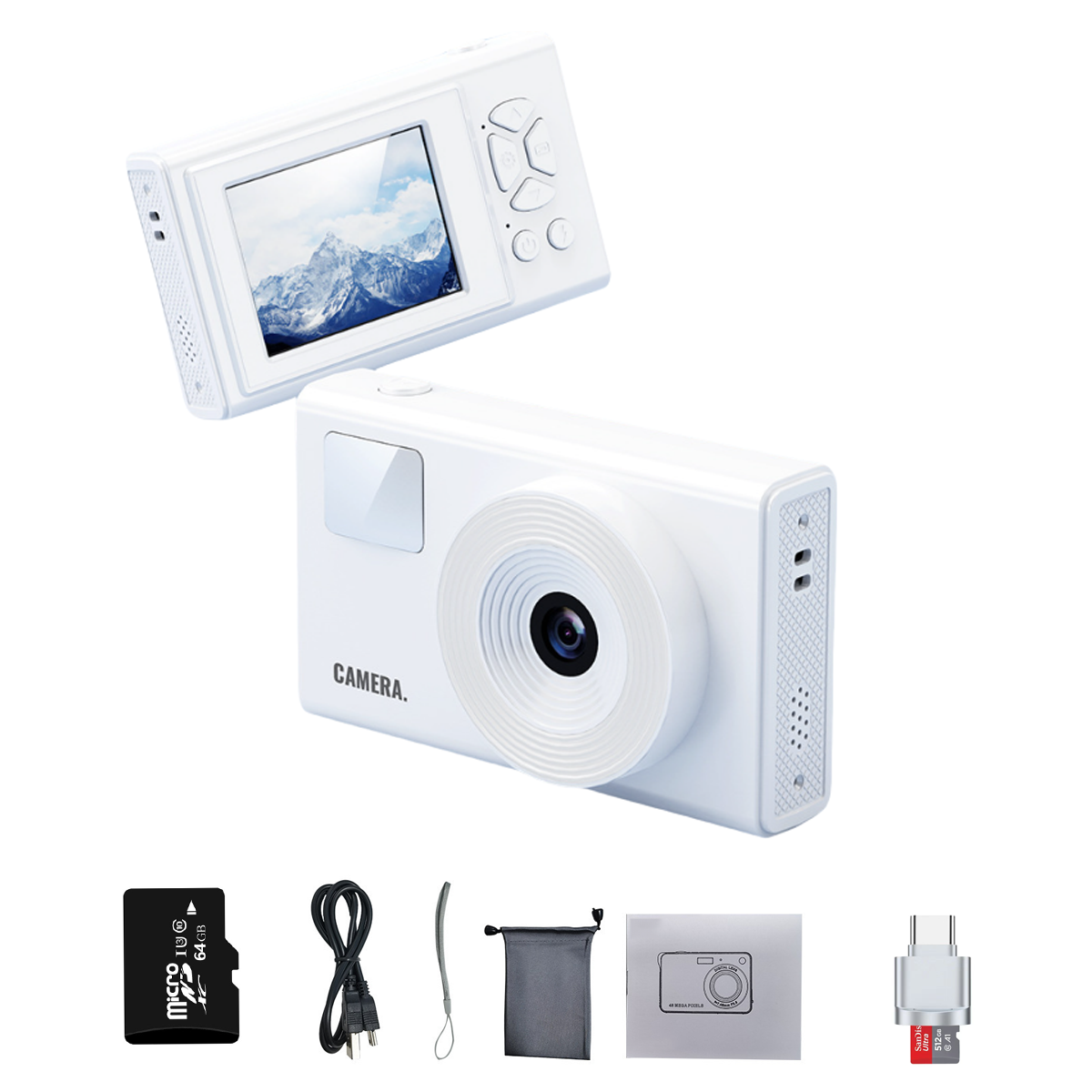 Fotocamera digitale bianca con accessori, tra cui una scheda di memoria e un adattatore.