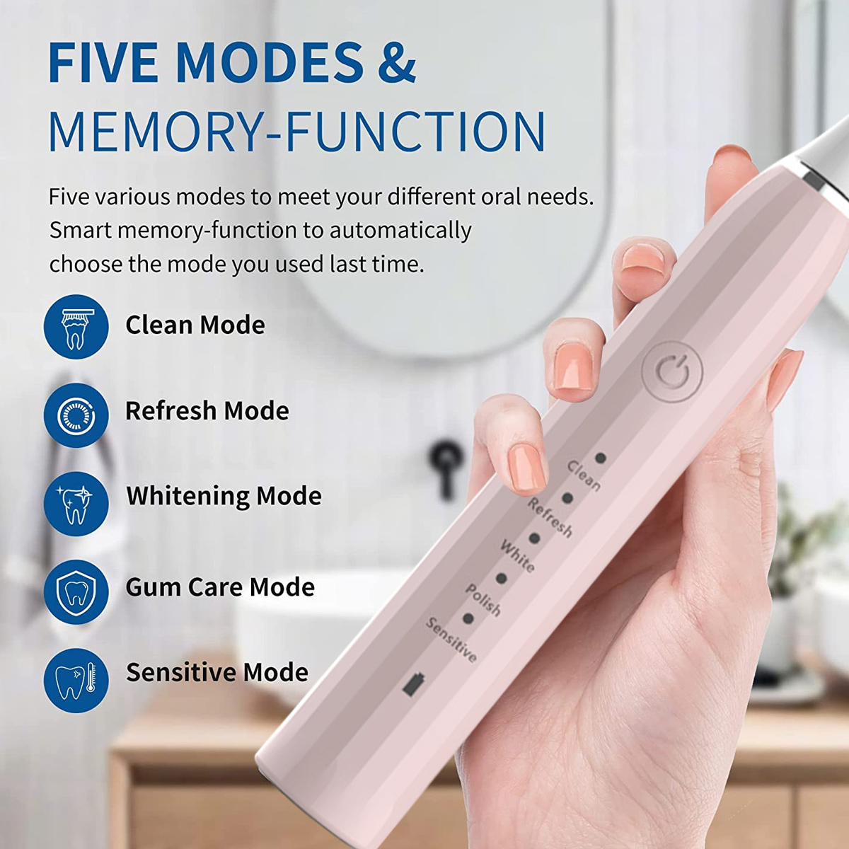 Eine Hand, die eine rosa elektrische Zahnbürste mit verschiedenen Reinigungsmodi hält. Weißer Hintergrund.