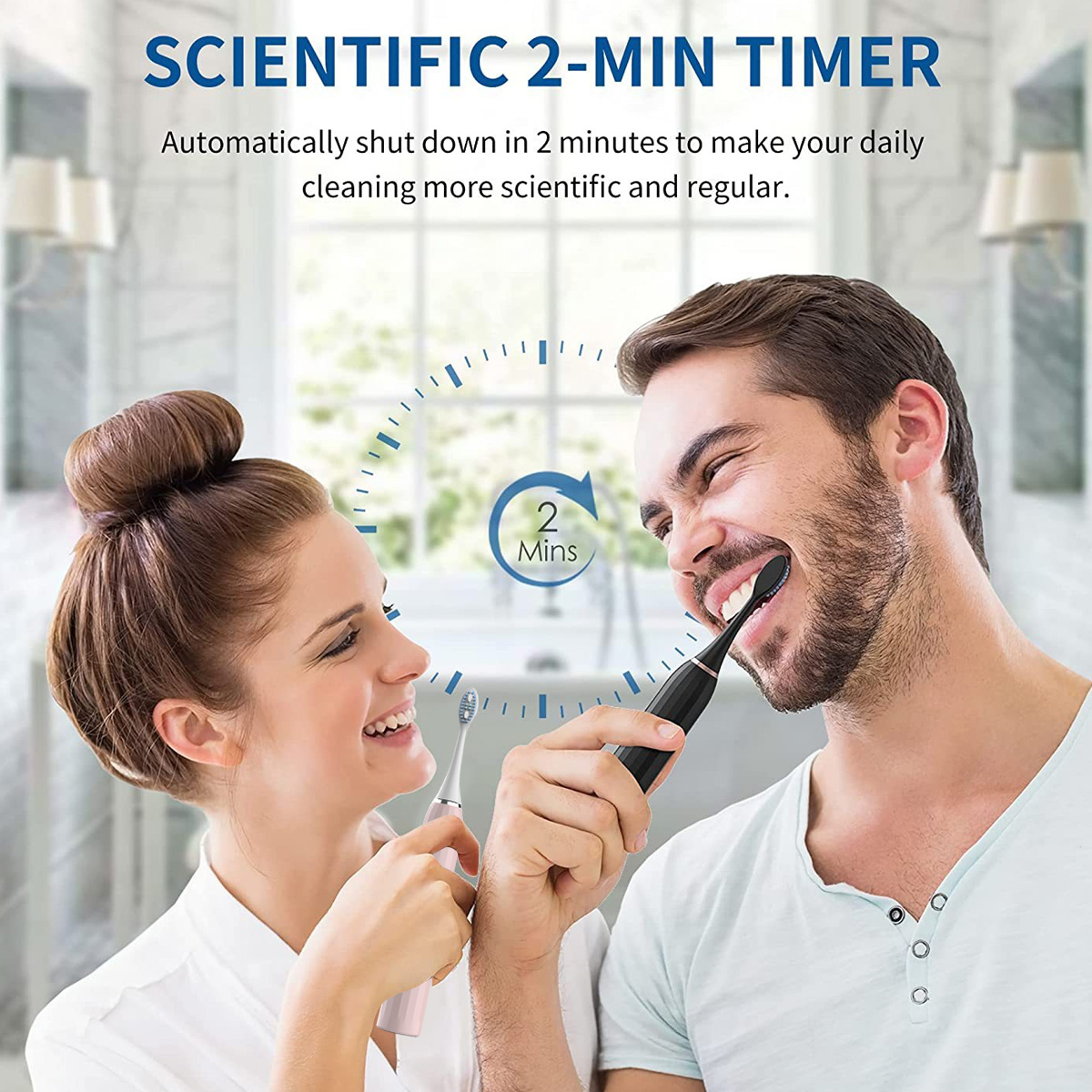 Paar putzt sich die Zähne, mit einem Timer im Hintergrund und einer Zahnbürste.