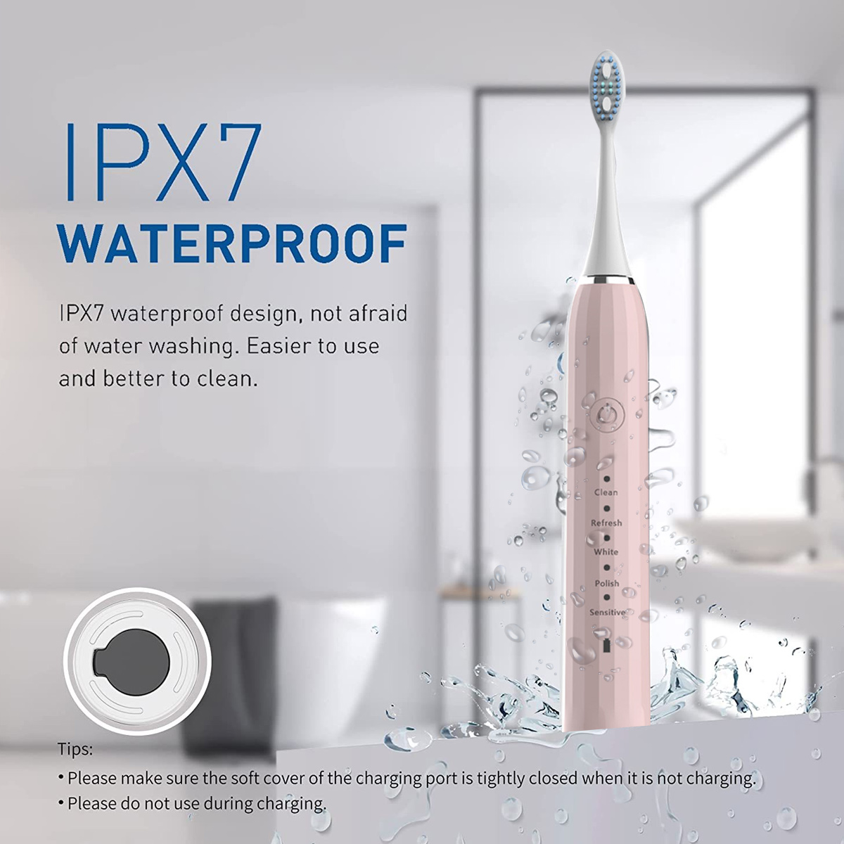 Eine rosa elektrische Zahnbürste mit Text: IPX7 WASSERDICHT. Wassertropfen um die Zahnbürste herum.