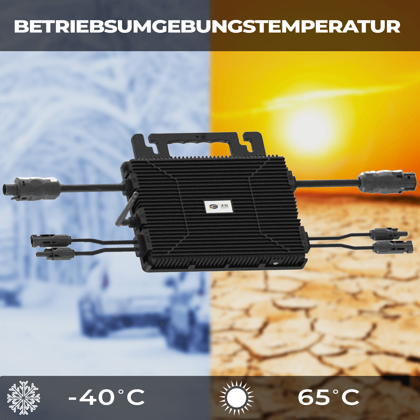 Schwarzes Gerät mit Anschlüssen vor Kälte- und Hitergrund. Gezeigte Temperaturen: -40°C und 65°C. Text: Betriebsumgebungstemperatur.
