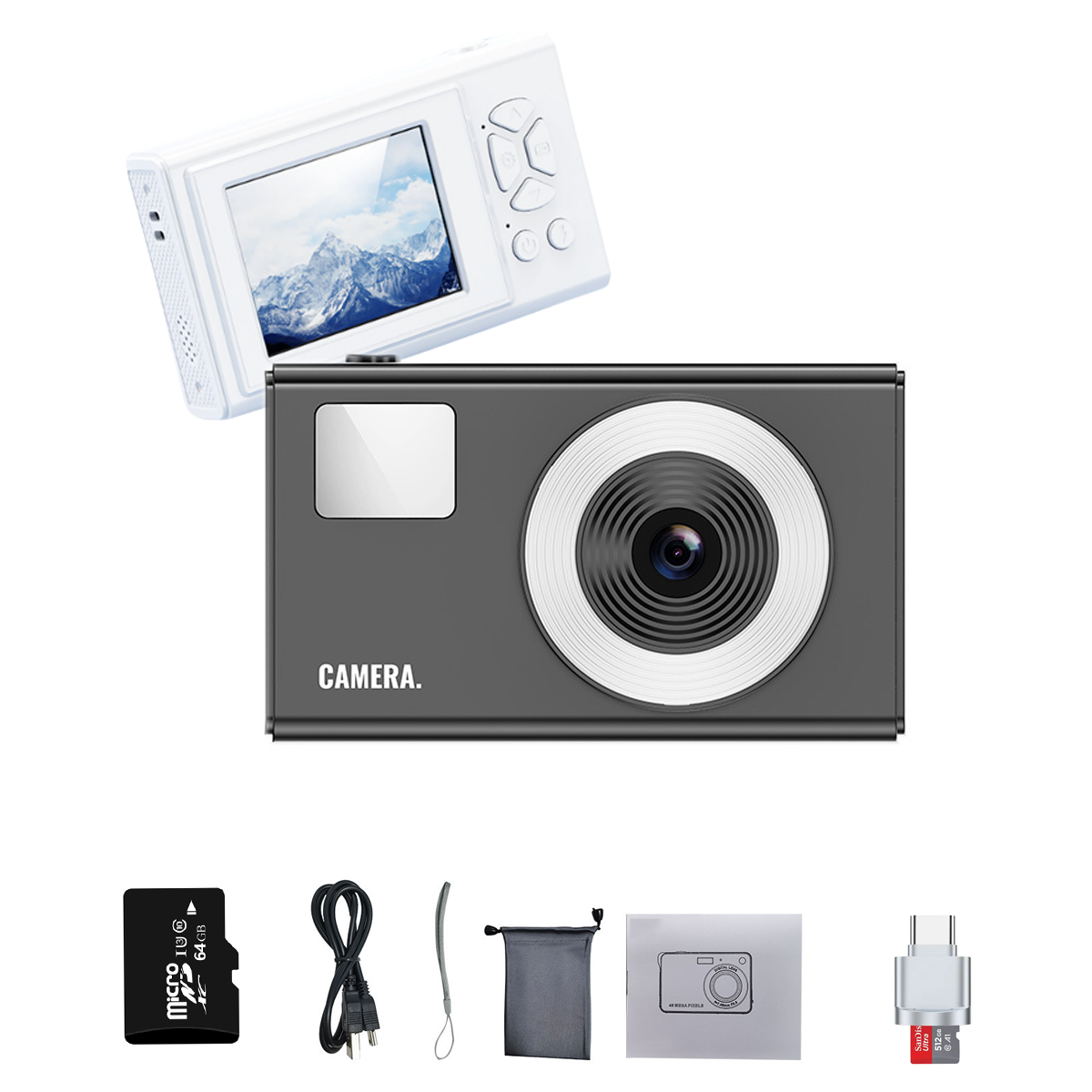 Fotocamera in bianco e nero con schermo bianco e accessori. Mostra una foto di montagne sullo schermo.
