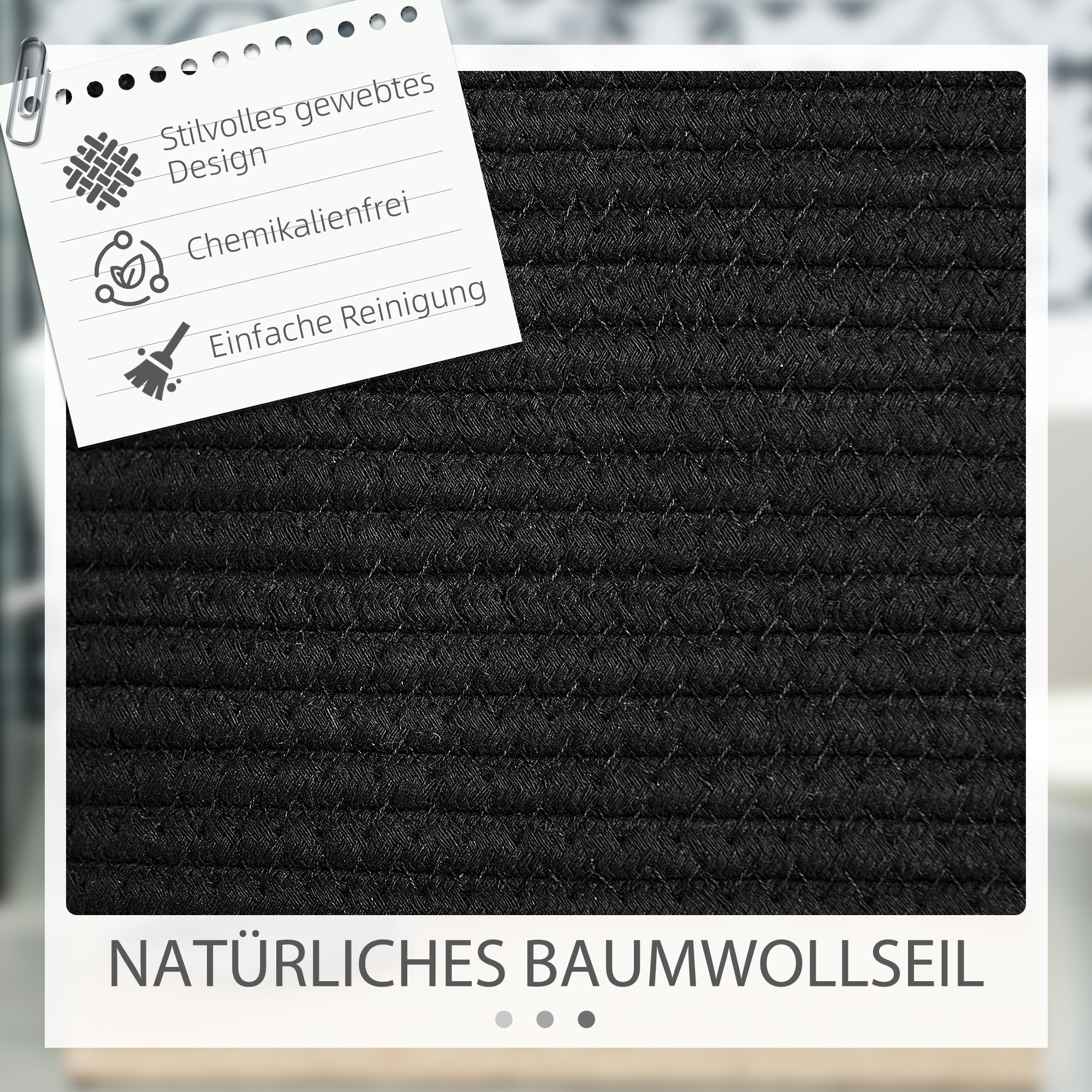 Nahaufnahme eines schwarzen gewebten Korbs mit Details und Text.