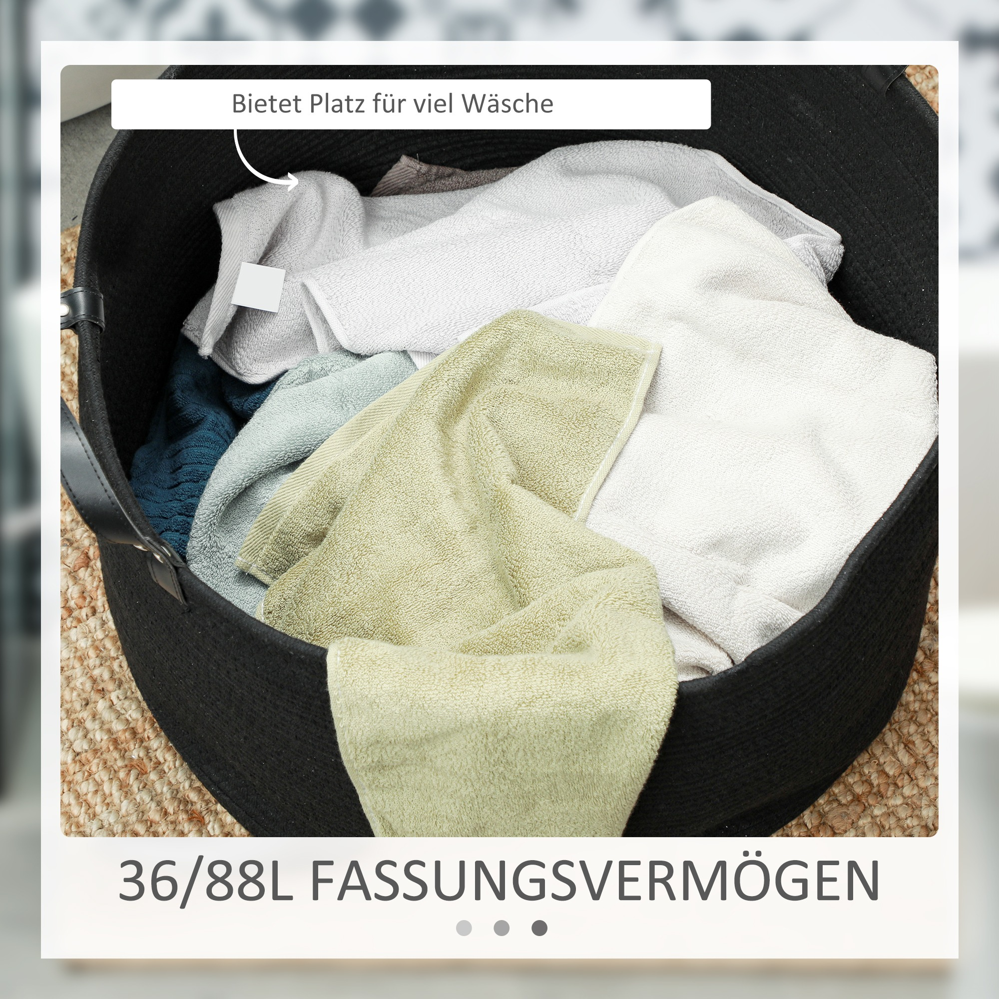 Schwarzer Wäschekorb gefüllt mit Handtüchern. Beiger Teppich im Hintergrund. Text sagt 36/88L Kapazität.