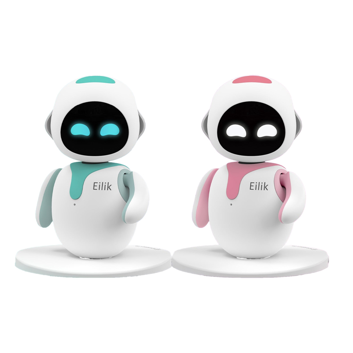 Zwei weiße Roboter mit türkis- und rosa Akzenten auf Ständern. Ihre Augen leuchten blau bzw. schwarz. Sie heißen Eilik.