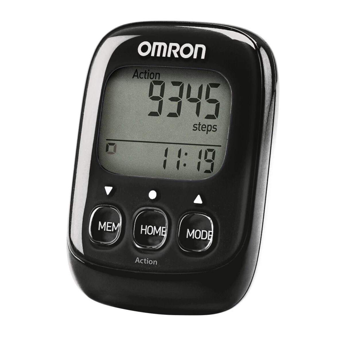 Ein schwarzer Schrittzähler zeigt 9345 Schritte, 11:19 Uhr und hat MEM, HOME, MODE-Tasten.