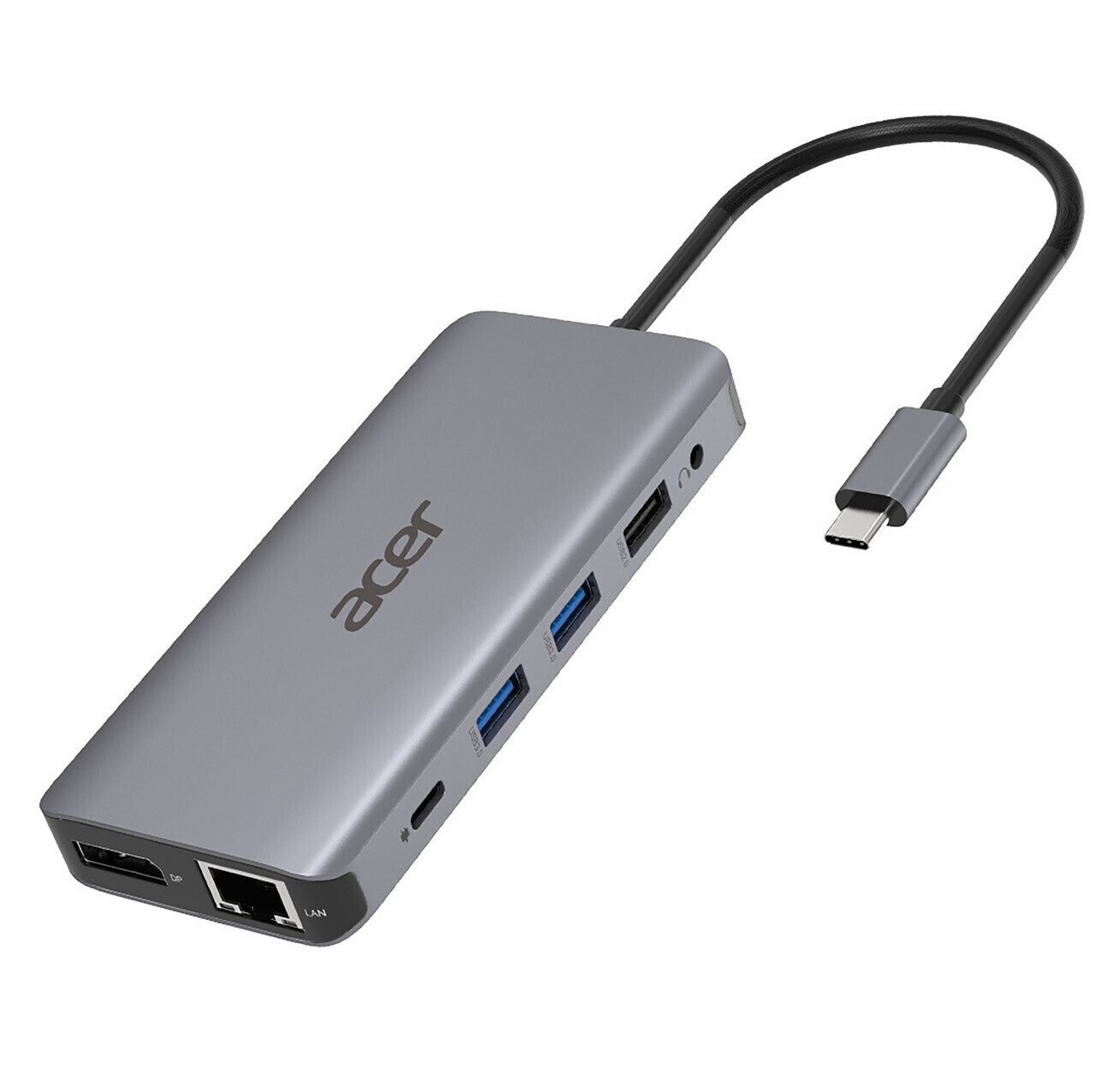 Un concentrador USB-C gris Acer con múltiples puertos y un cable conectado.