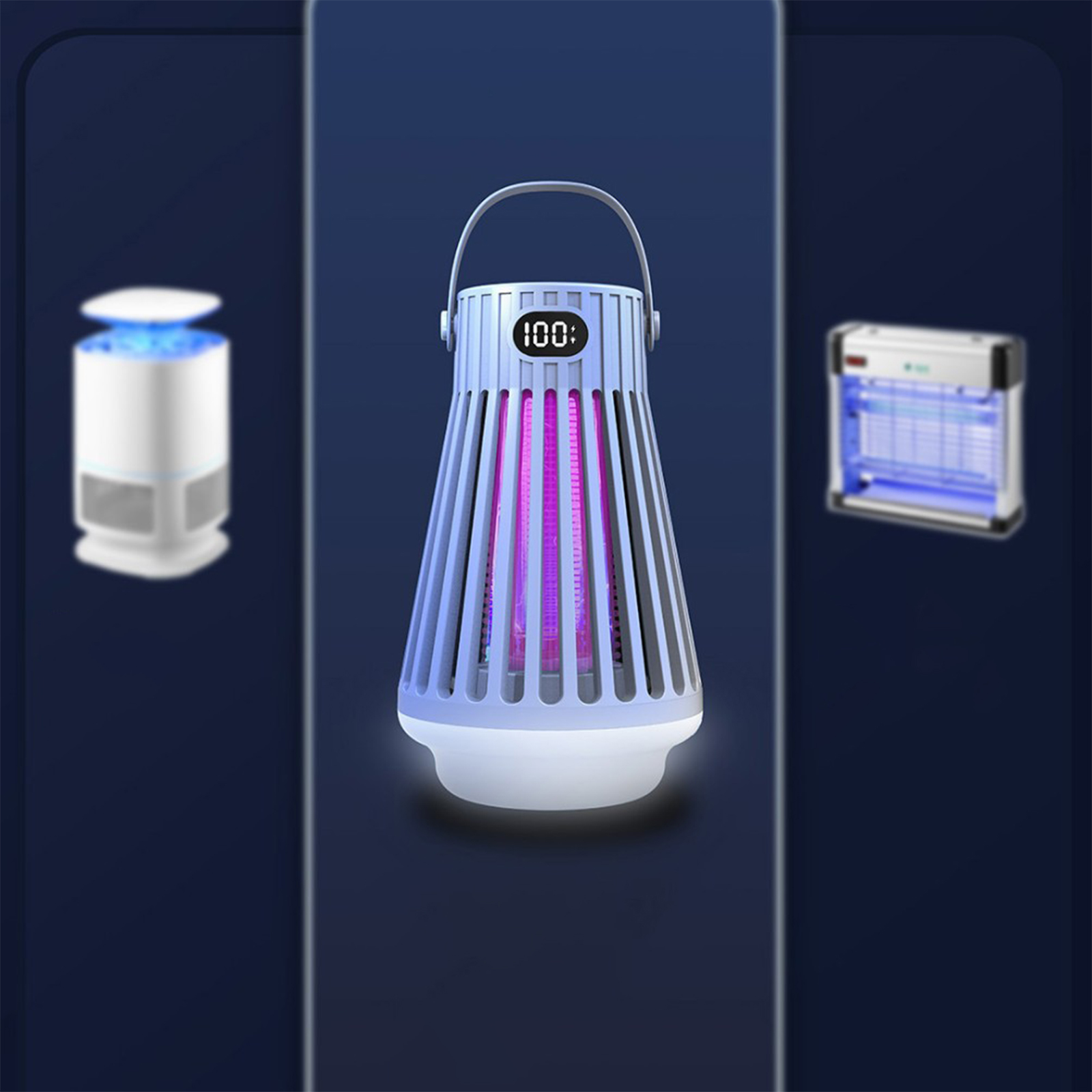 Ein Moskitokiller mit drei verschiedenen Designs. Das zentrale ist mit lila Licht beleuchtet.