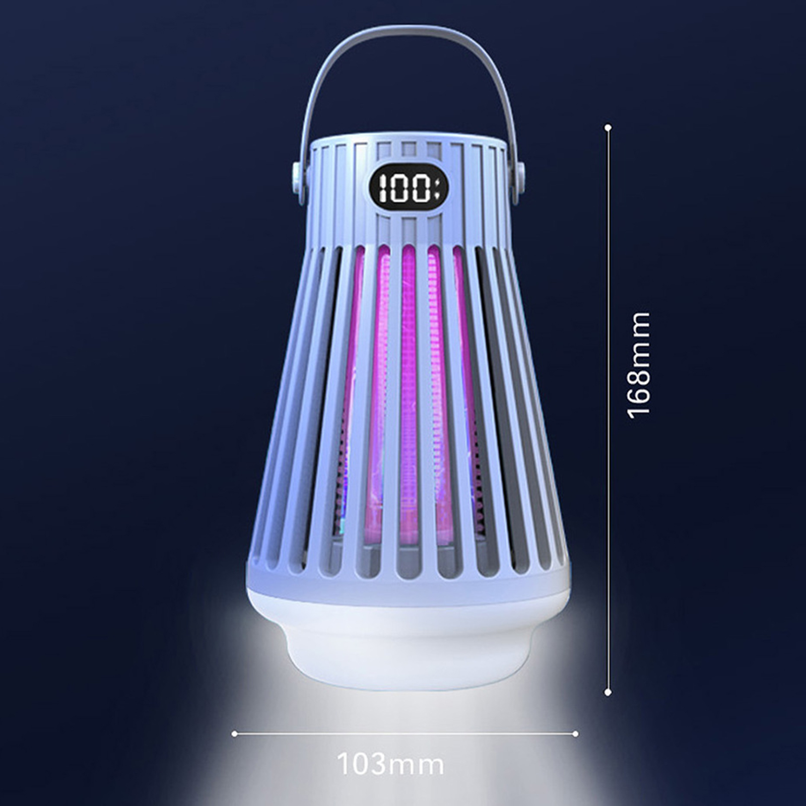 Moderne Insektenvernichtungslampe mit Digitalanzeige, blaue und violette Lichteffekte.