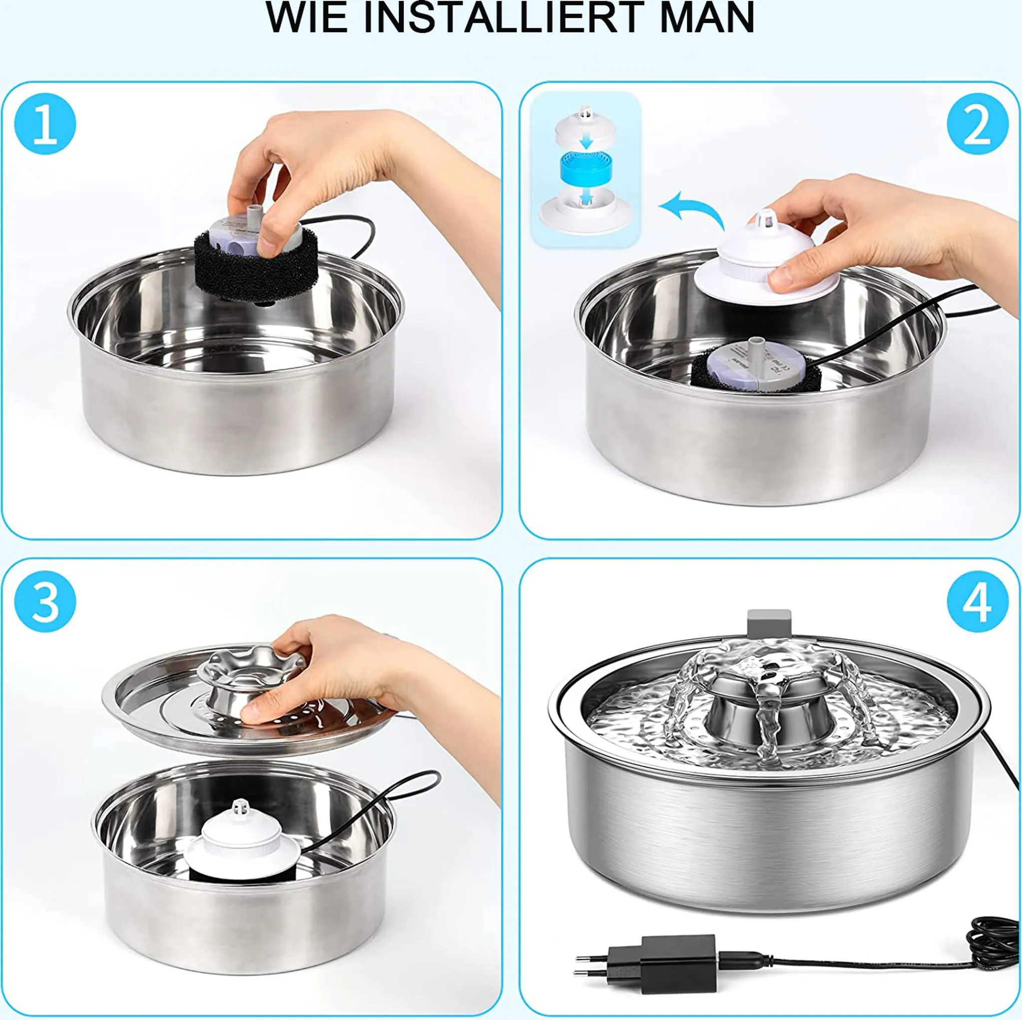 Schritt-für-Schritt-Anleitung zur Montage eines Haustier-Wasserbrunnens.