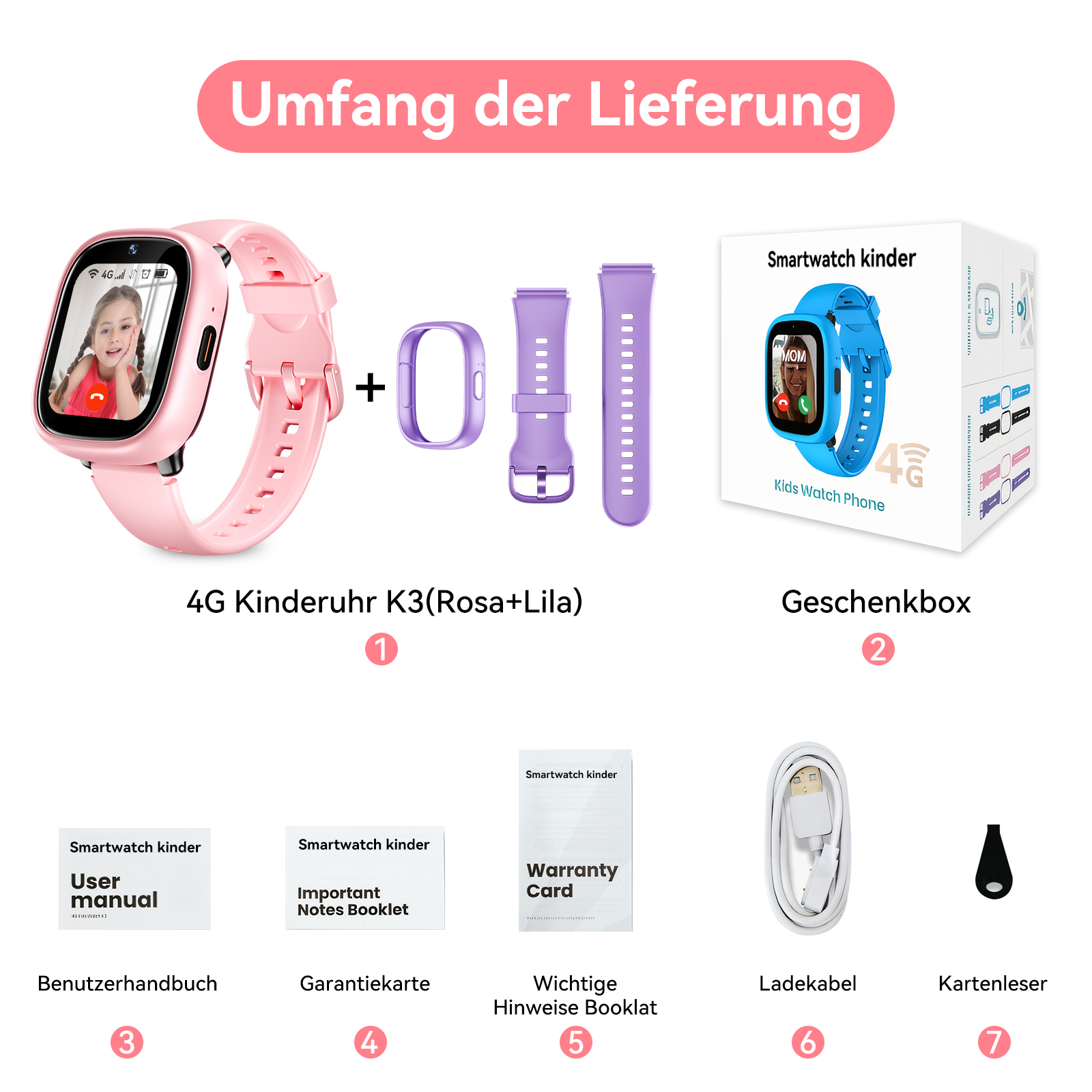 RAYOFI K3 Kinder Smartwatch Silikon, 20 mm, Rosa