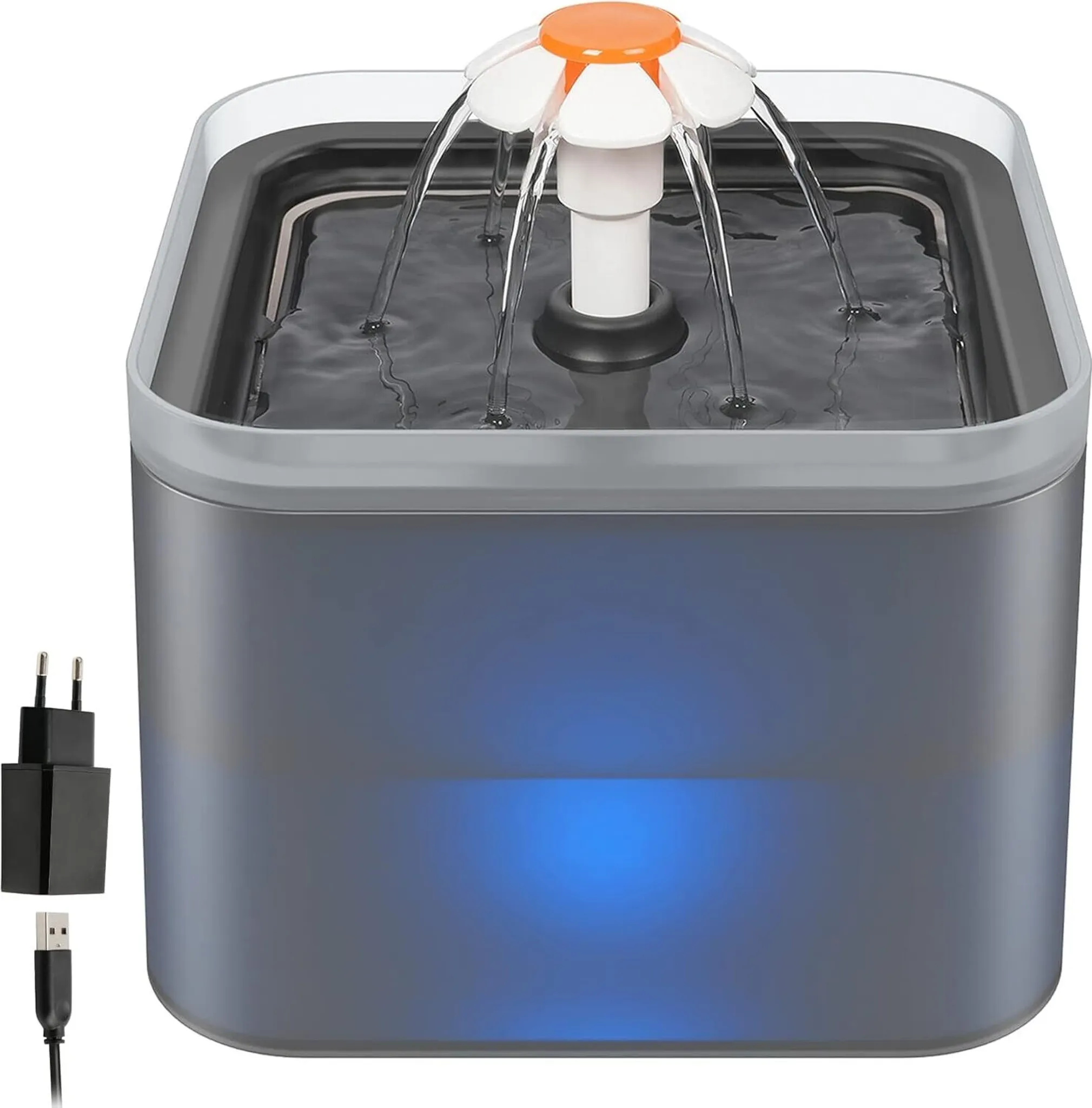 Ein Haustier-Wasserbrunnen mit blütenförmigem Ausguss, fließendem Wasser und Netzteil mit USB-Kabel.