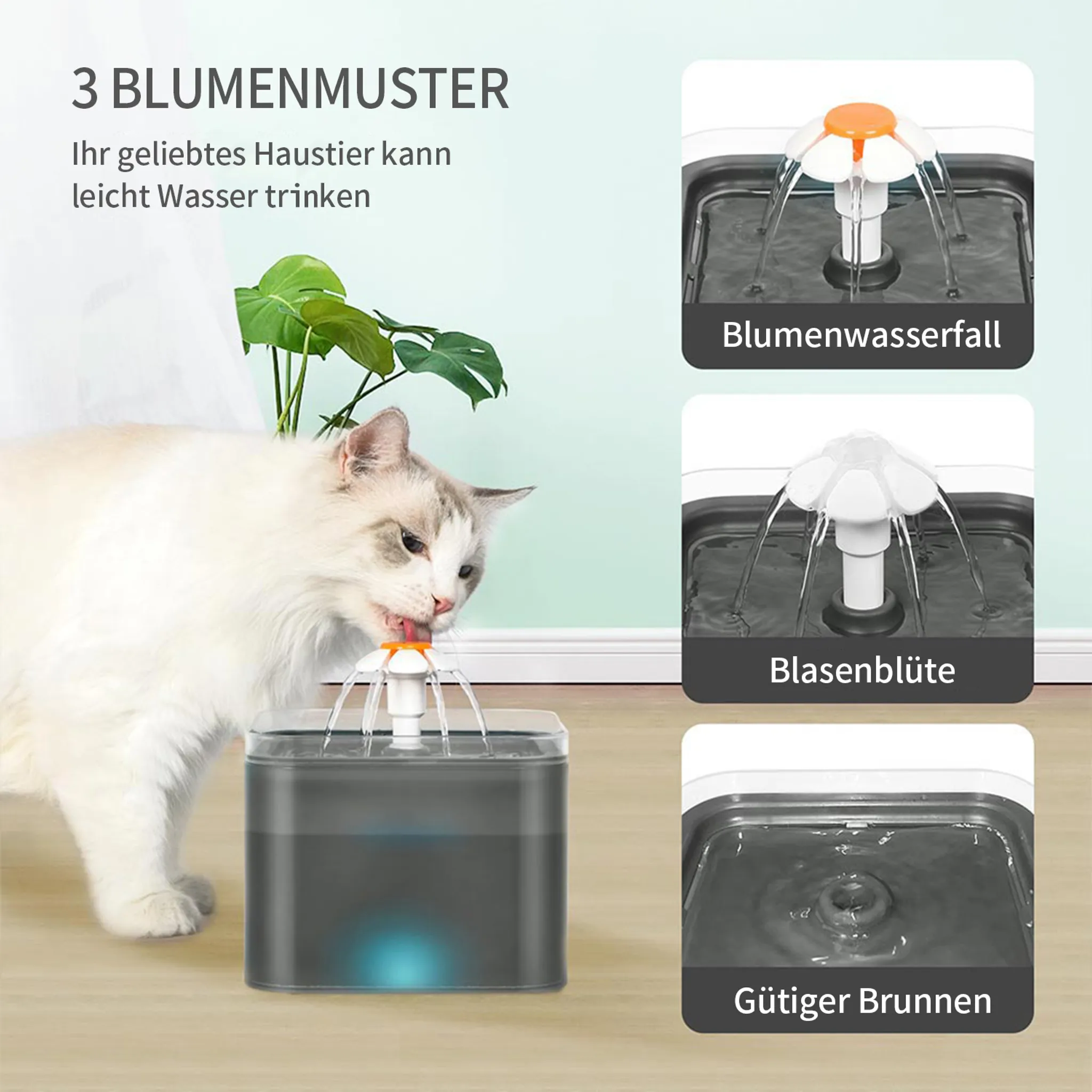 Katze trinkt Wasser aus einem Haustierbrunnen. Hintergrund zeigt drei Wassereinstellungen.