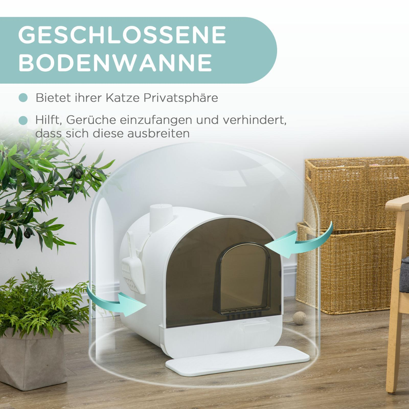 Eine weiße, geschlossene Katzenstreuwanne mit einem Luftfilter oben und einem Griff.