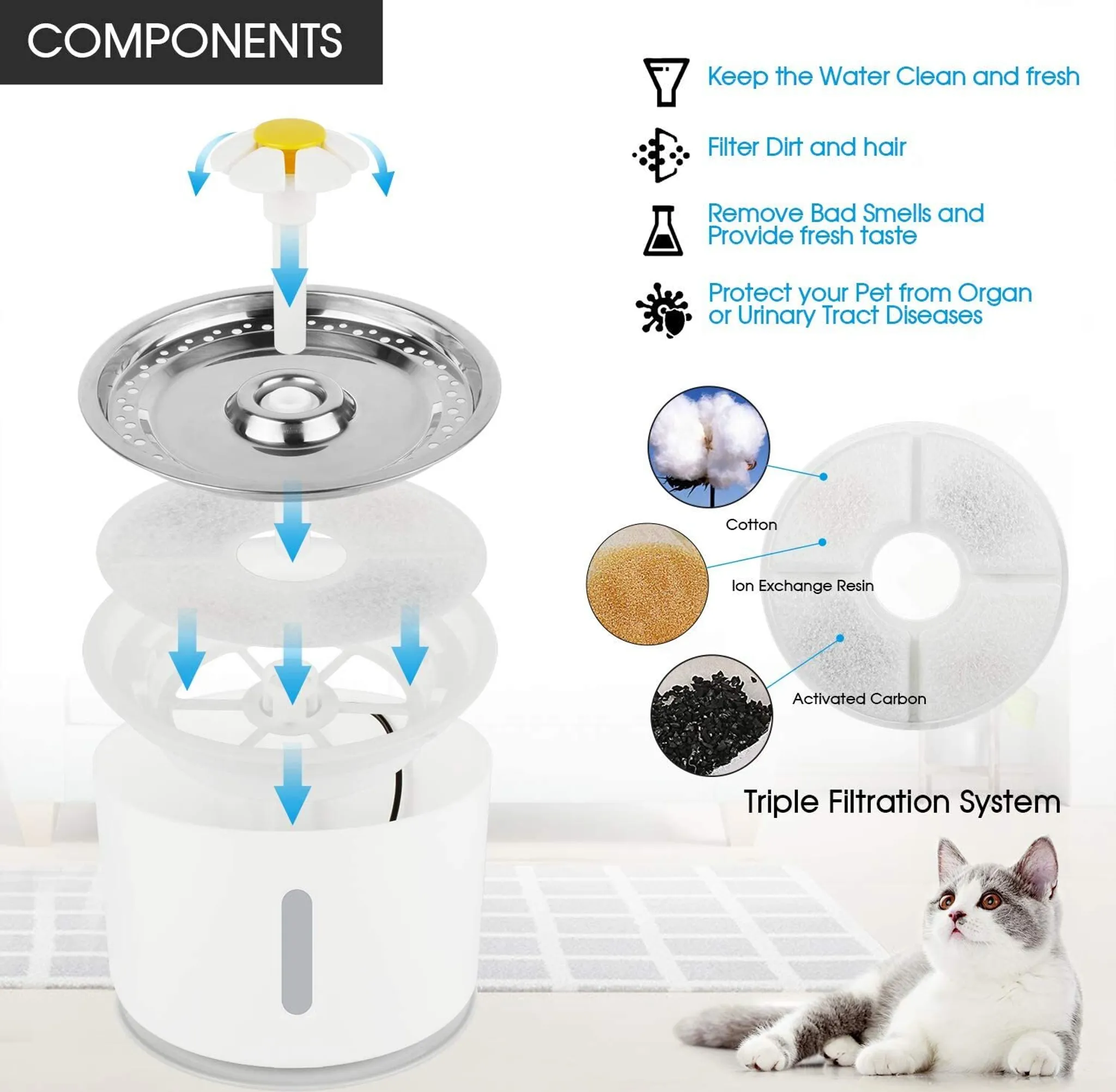 Komponenten eines Haustier-Wasserbrunnens, einschließlich Filter und eine Katze, die nach oben schaut.