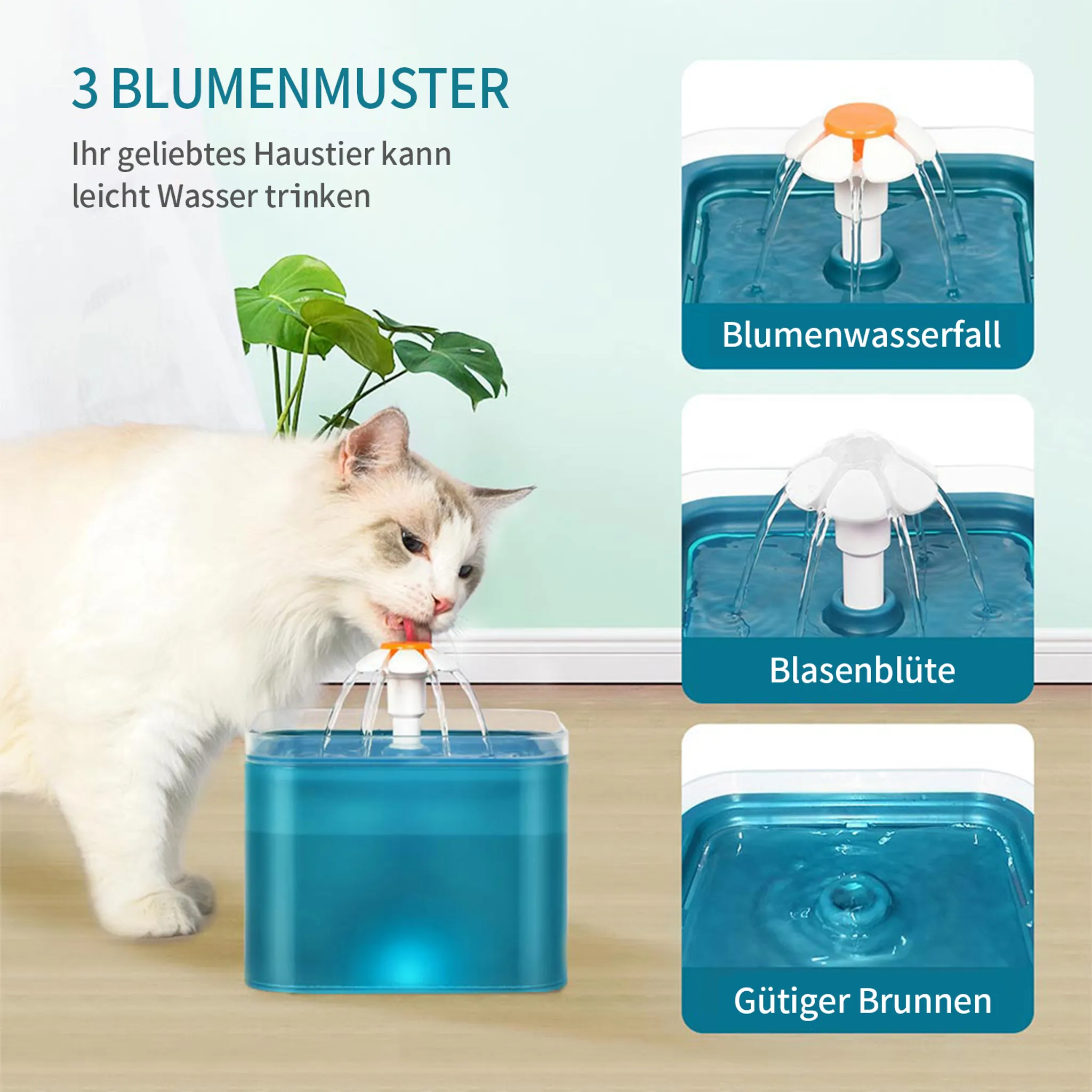 Eine Katze trinkt aus einem blauen Haustier-Wasserbrunnen mit drei Wasserflussoptionen.