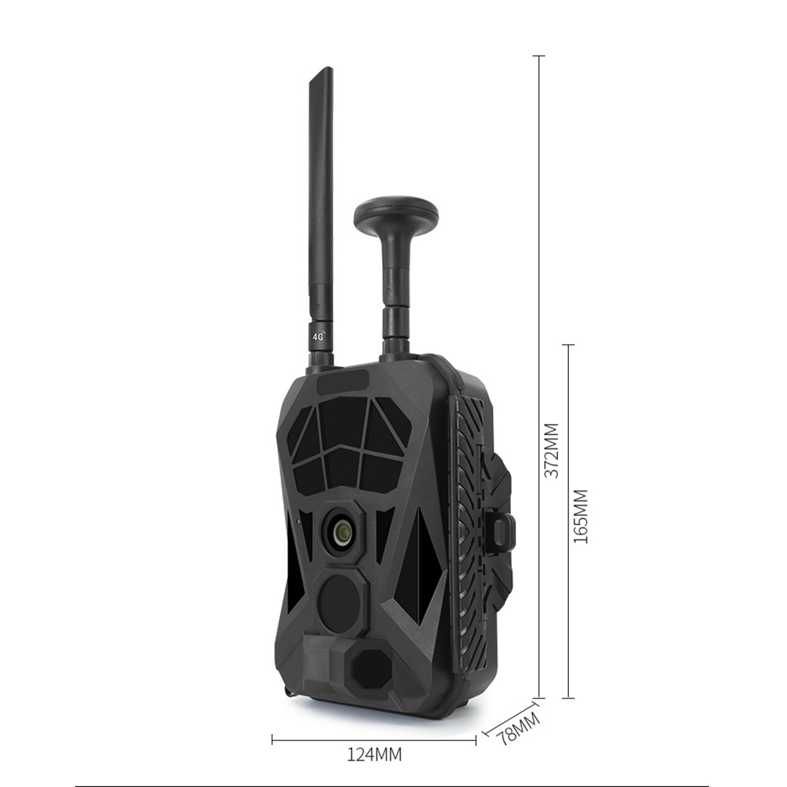Schwarze Wildkamera mit Antenne, Abmessungen: 372 mm Höhe, 124 mm Breite, 78 mm Tiefe, 165 mm Größe.
