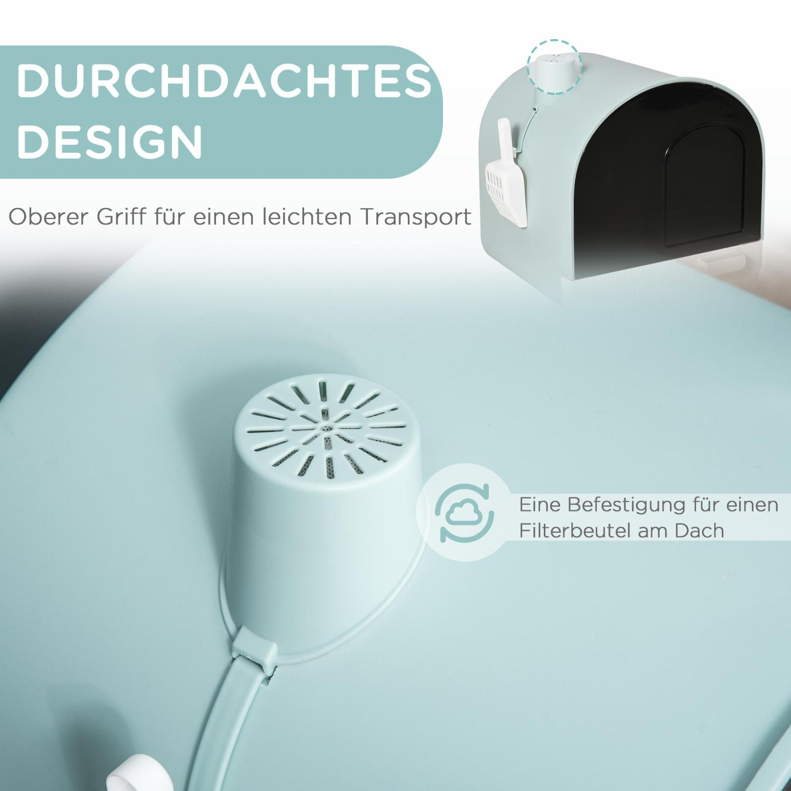 Katzenstreu-Box. Blau-grüner Kunststoff, mit einer Schaufel und einem Design oben.