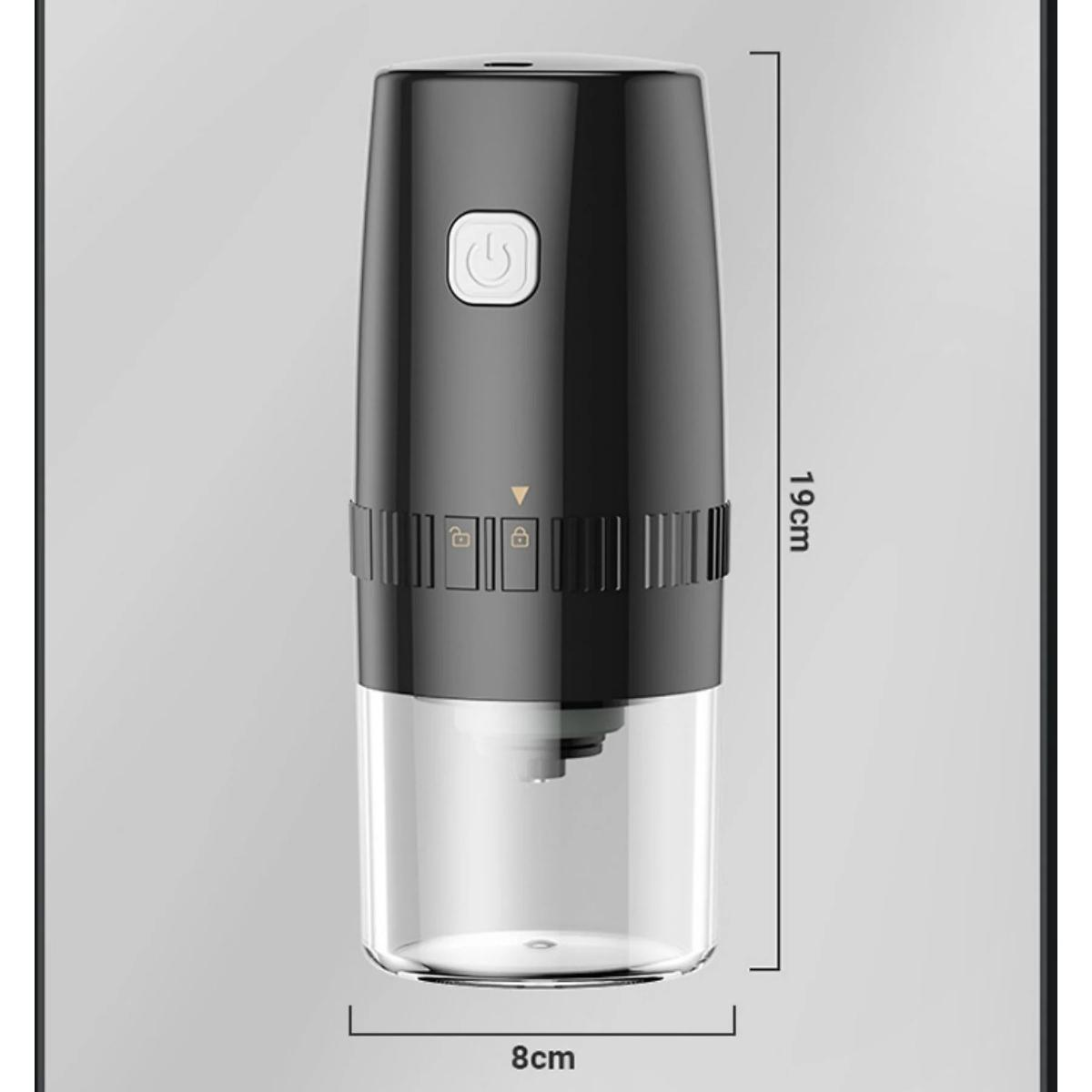 Schwarze Kaffeemühle mit transparentem Behälter. Hat einen Einschaltknopf und Abmessungen.