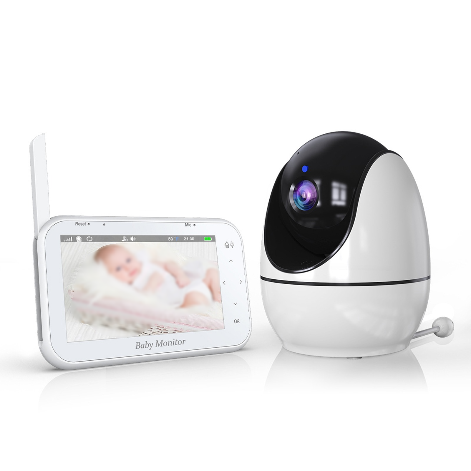 Weißes Babyphone-Set mit Kamera und Bildschirm. Die Kamera ist eiförmig.
