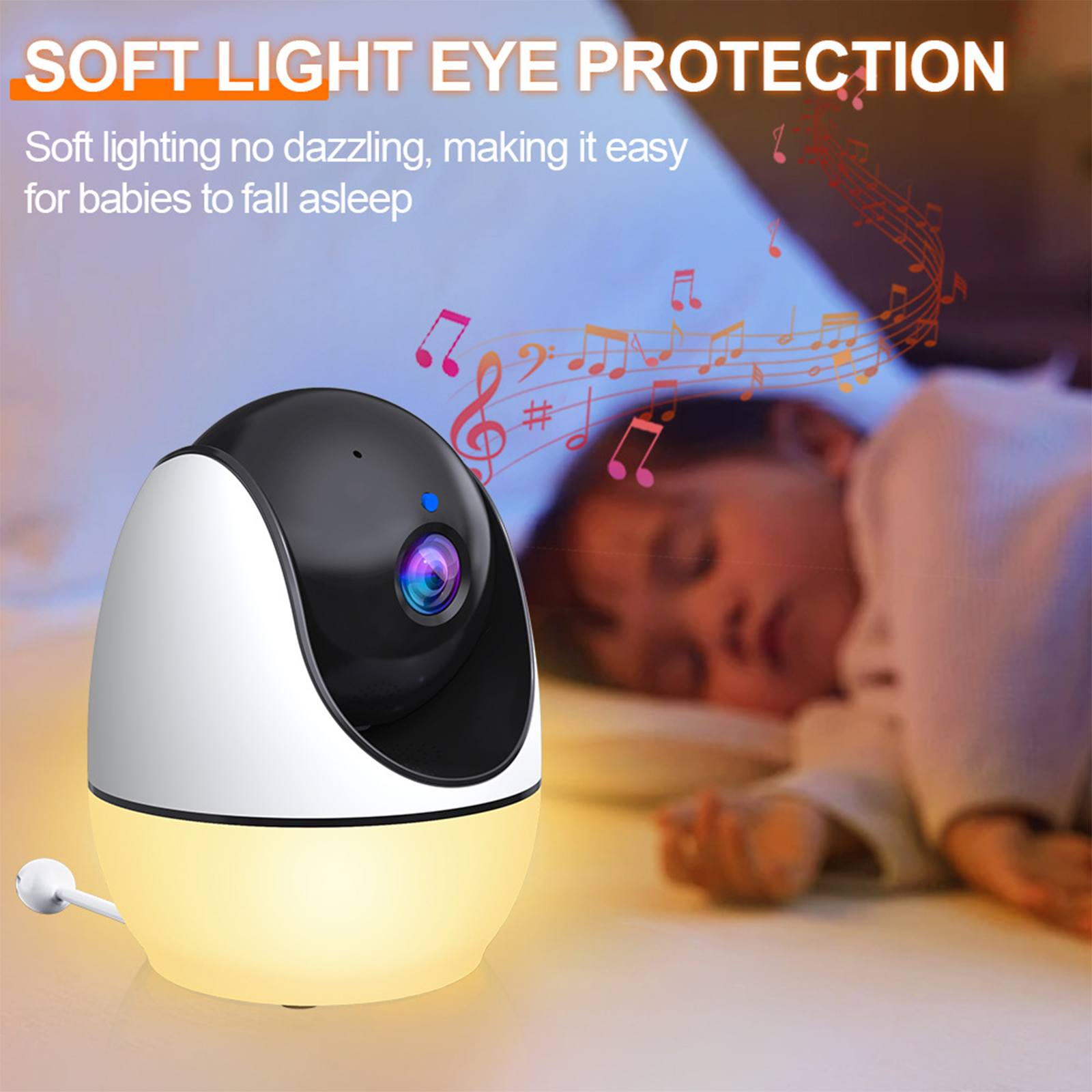 Weiß-schwarzer Babyphone mit Nachtlicht, mit einem schlafenden Kind im Hintergrund.
