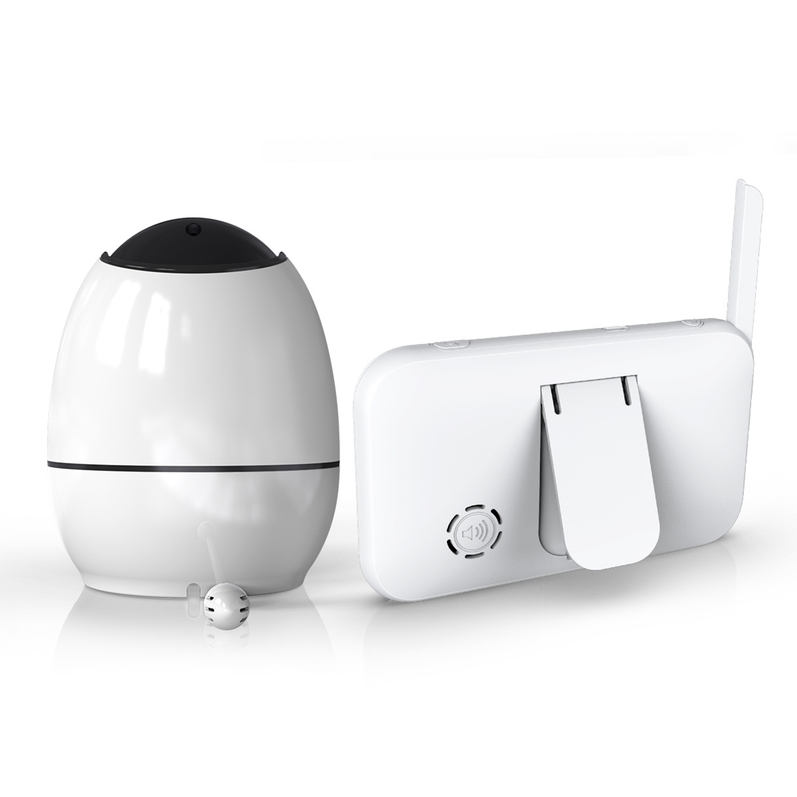 Weißes Babyphone-Set mit Kamera und Bildschirm. Die Kamera ist eiförmig.