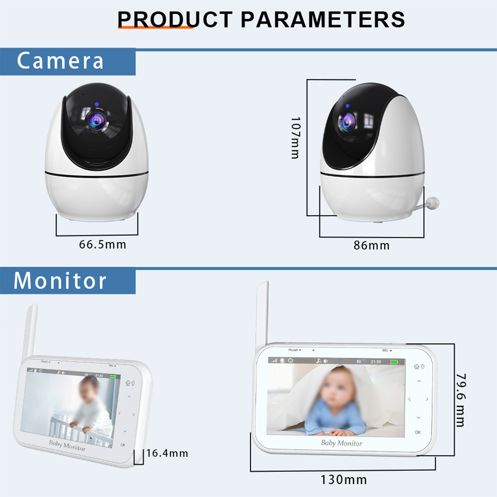 Produktparameter eines Babyphone-Sets, mit Anzeige der Kamera- und Monitorabmessungen.
